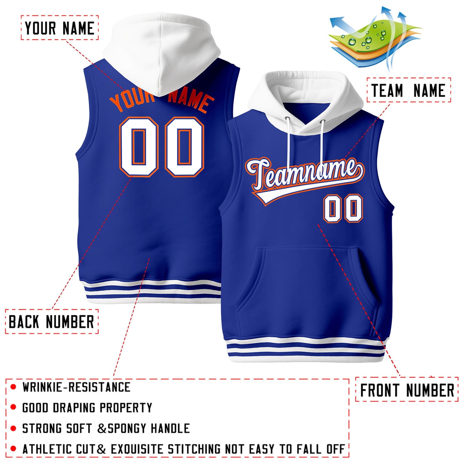 Custom Royal Blue White Orange sleeveless Classic style Hoodie| KXKSHOP