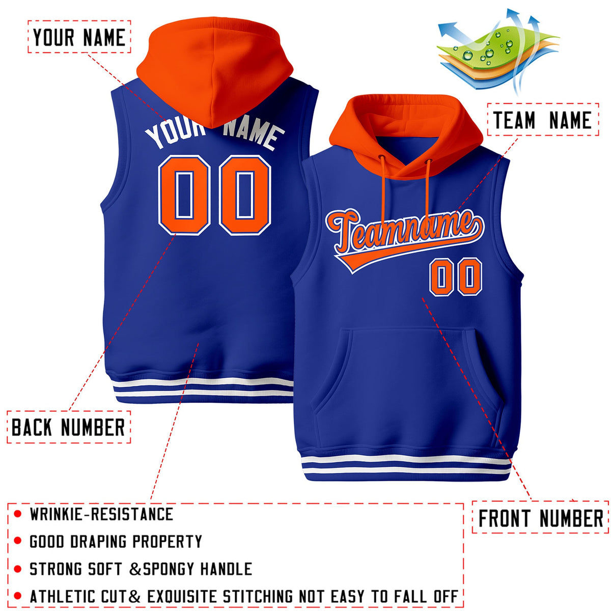 Custom Royal Blue Orange White sleeveless Classic style Hoodie| KXKSHOP