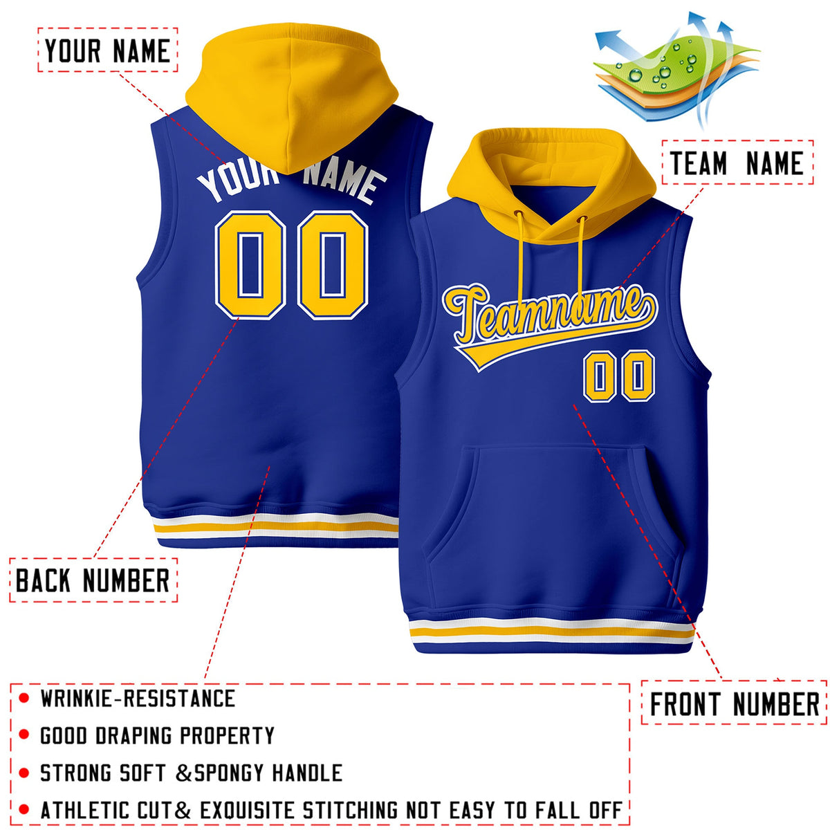 Custom Royal Blue Gold White sleeveless Classic style Hoodie| KXKSHOP
