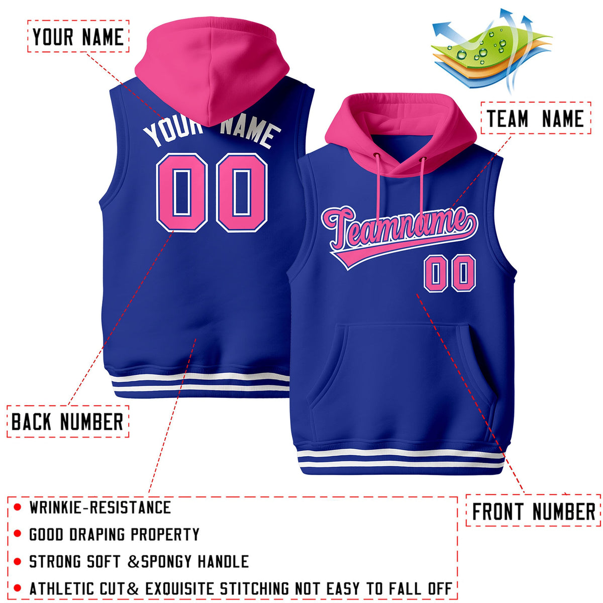 Custom Royal Blue Pink White sleeveless Classic style Hoodie| KXKSHOP