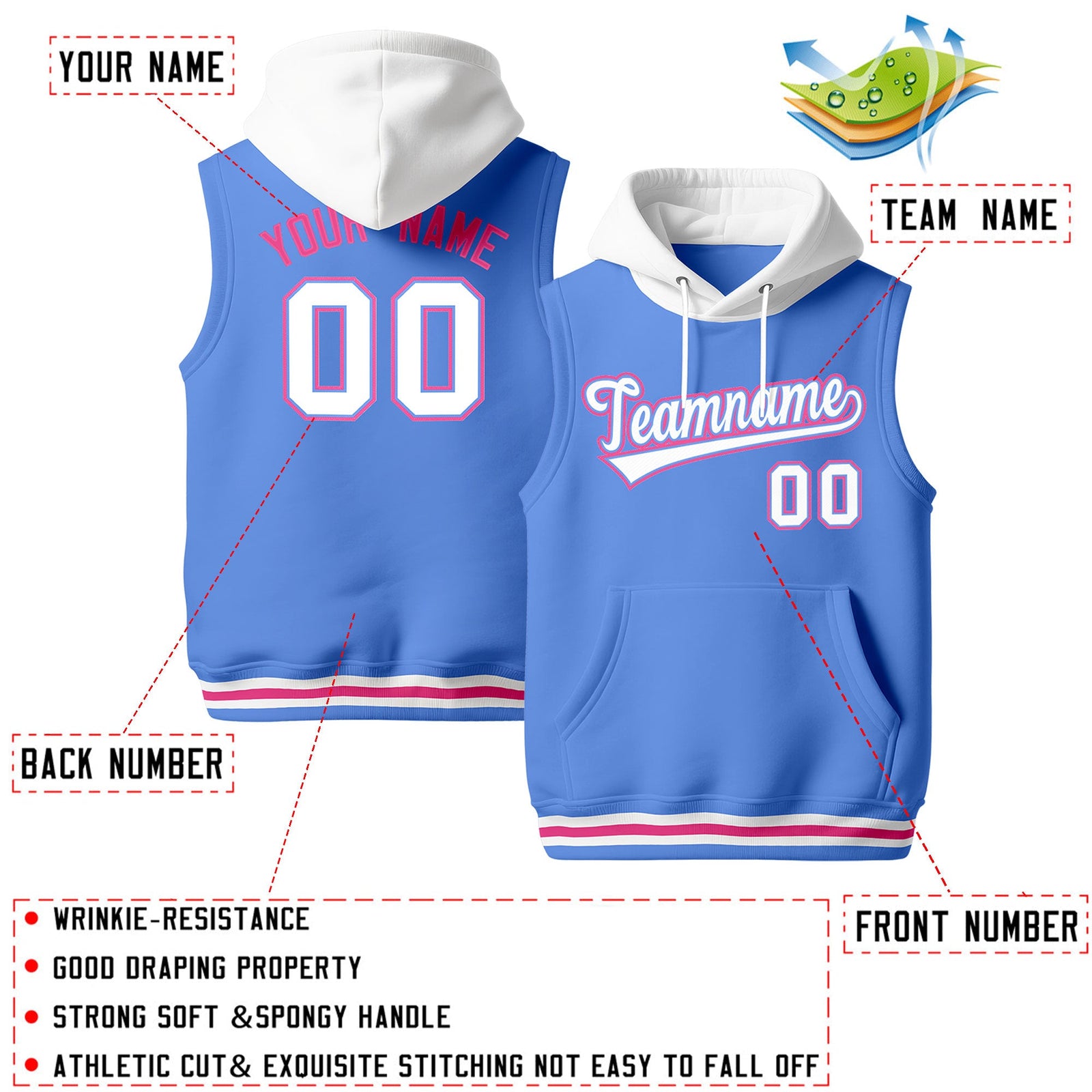 Custom Powder Blue White Pink sleeveless Classic style Hoodie| KXKSHOP