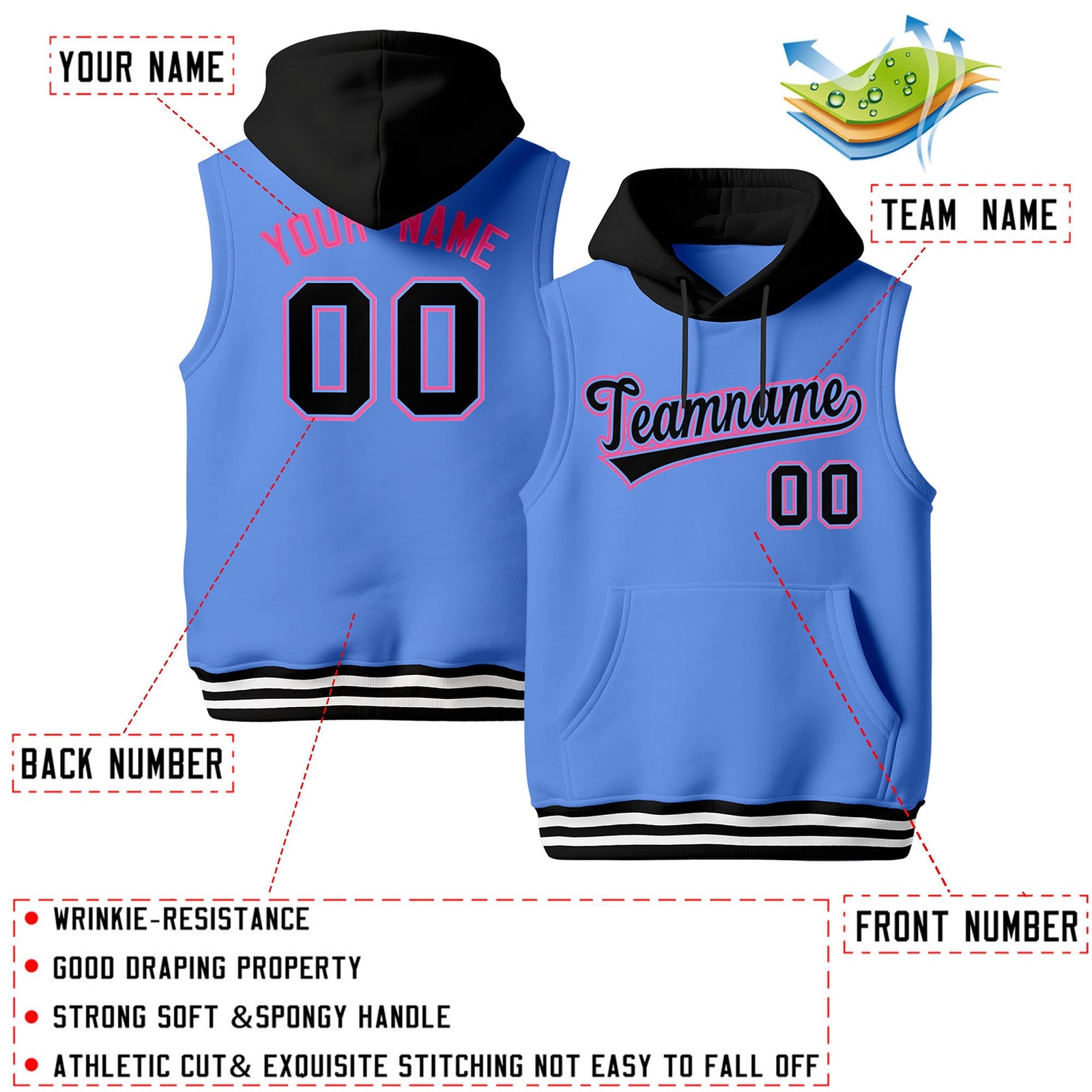 Custom Powder Blue Black White sleeveless Classic style Hoodie| KXKSHOP