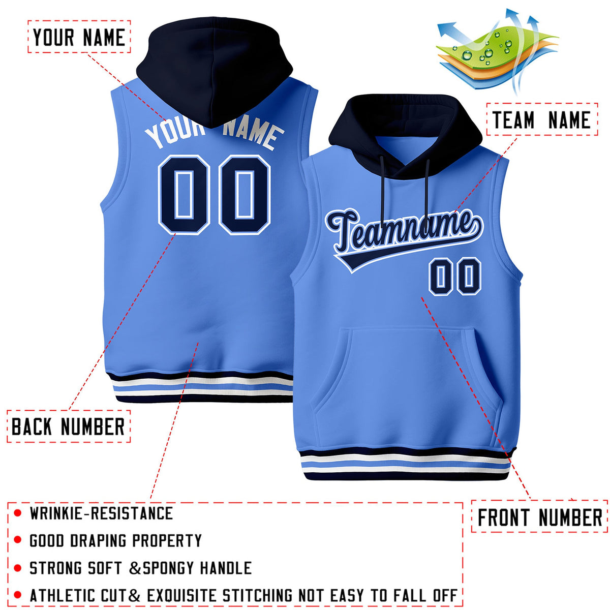 Custom Powder Blue Navy White sleeveless Classic style Hoodie| KXKSHOP