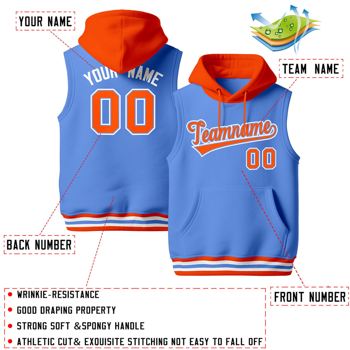 Custom Powder Blue Orange White sleeveless Classic style Hoodie| KXKSHOP