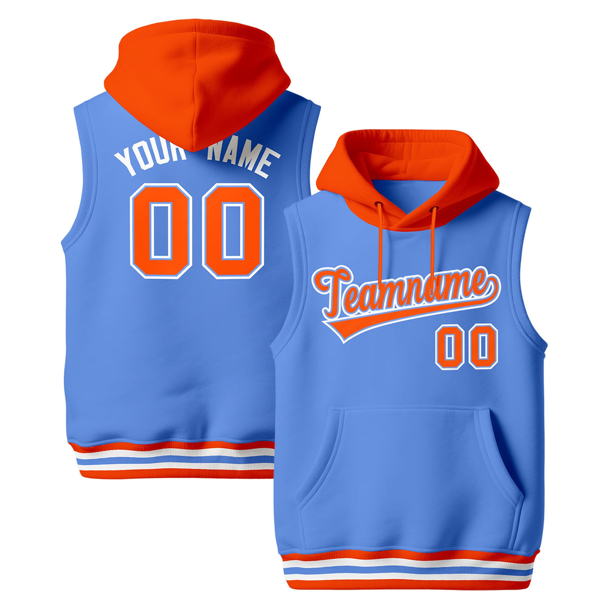 Custom Powder Blue Orange White sleeveless Classic style Hoodie| KXKSHOP