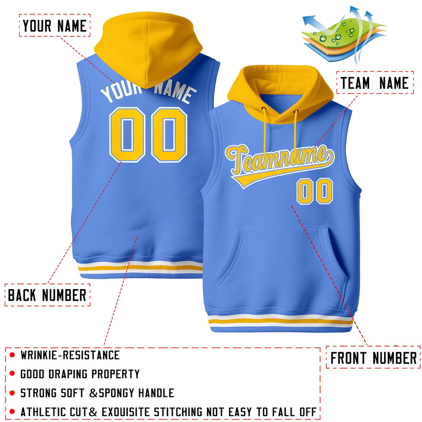 Custom Powder Blue Gold White sleeveless Classic style Hoodie| KXKSHOP