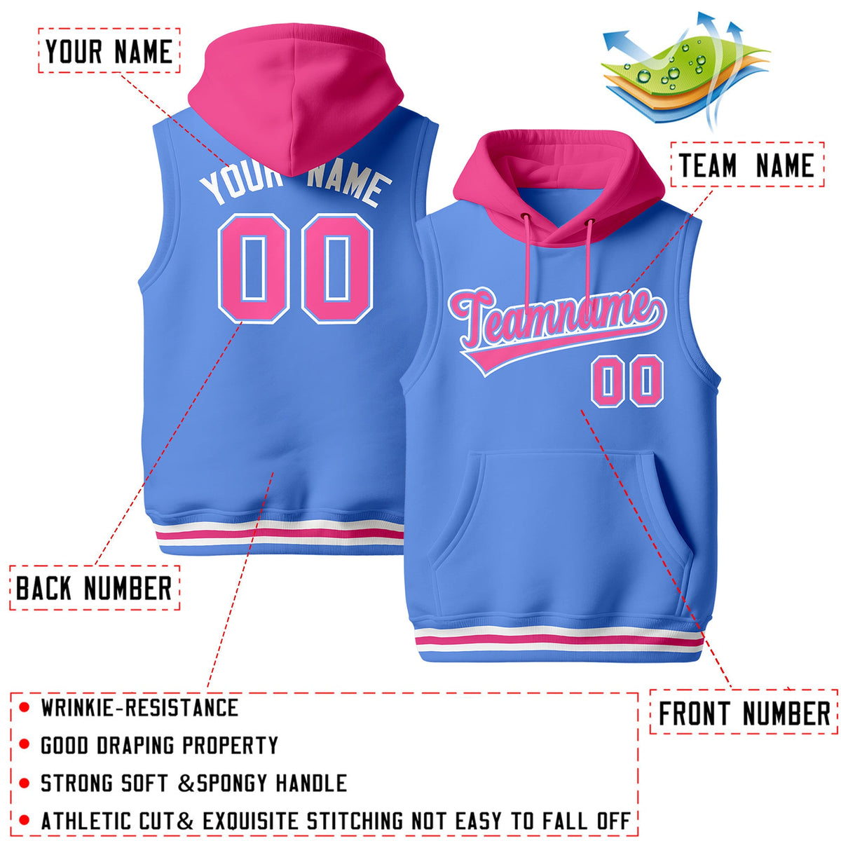 Custom Powder Blue Pink White sleeveless Classic style Hoodie| KXKSHOP