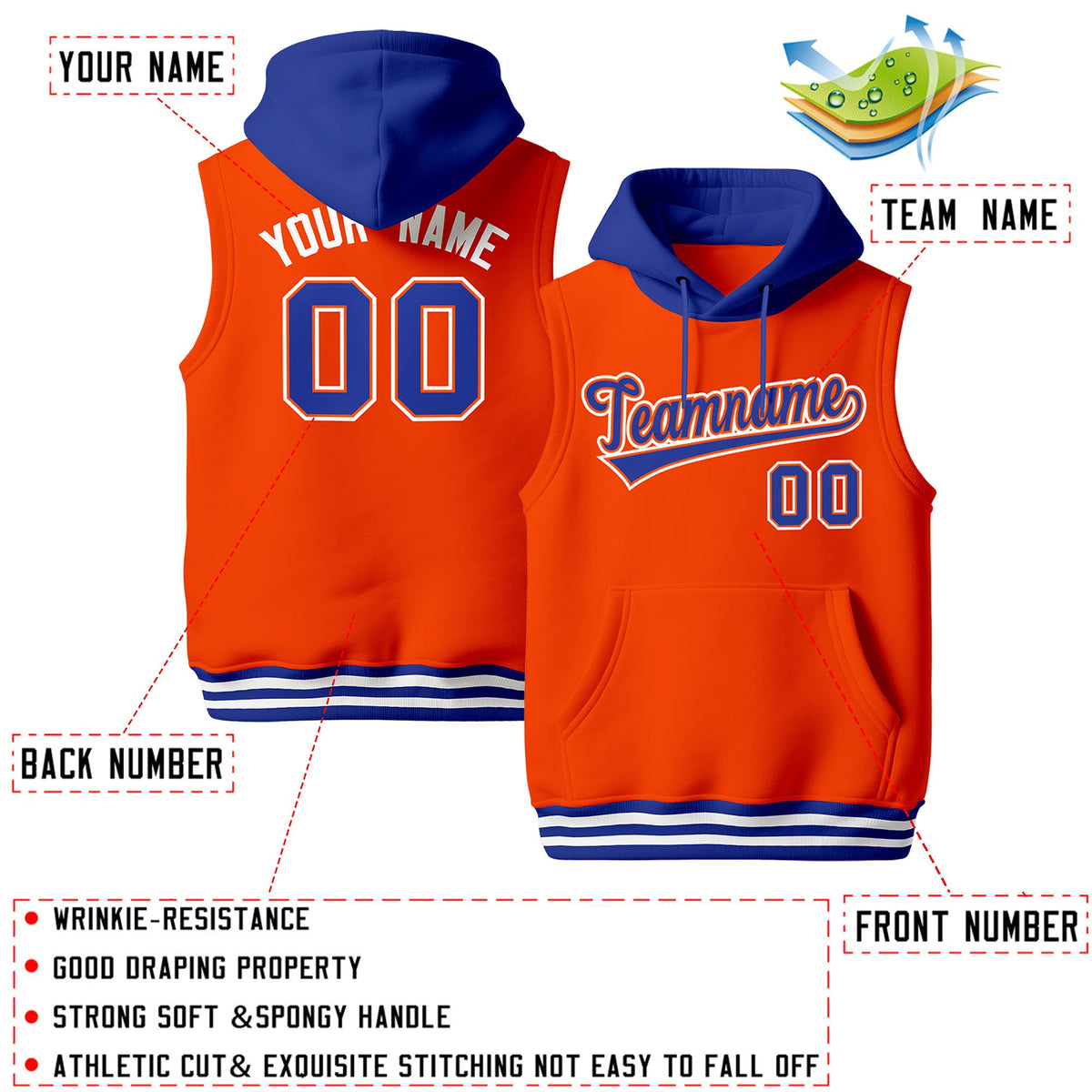 Custom Orange Royal Blue White sleeveless Classic style Hoodie| KXKSHOP