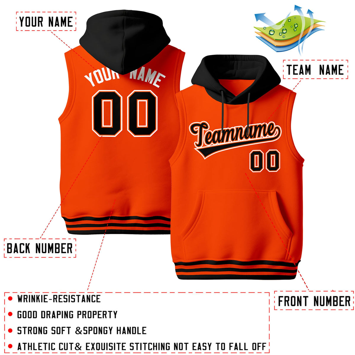 Custom Orange Black White sleeveless Classic style Hoodie| KXKSHOP