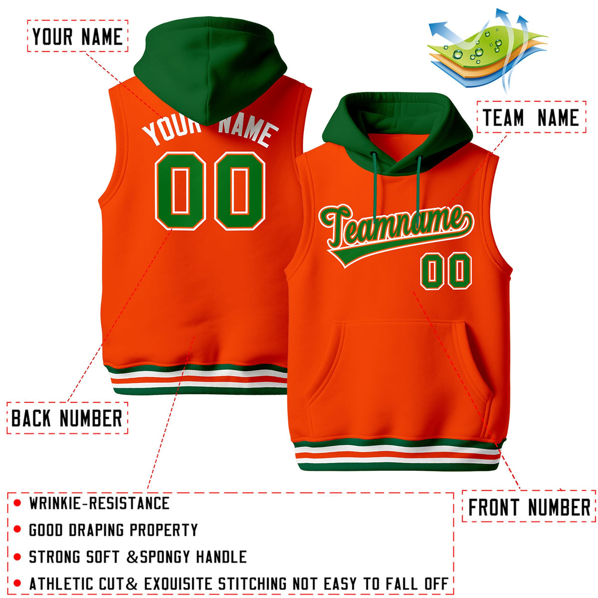 Custom Orange Kelly Green White sleeveless Classic style Hoodie| KXKSHOP