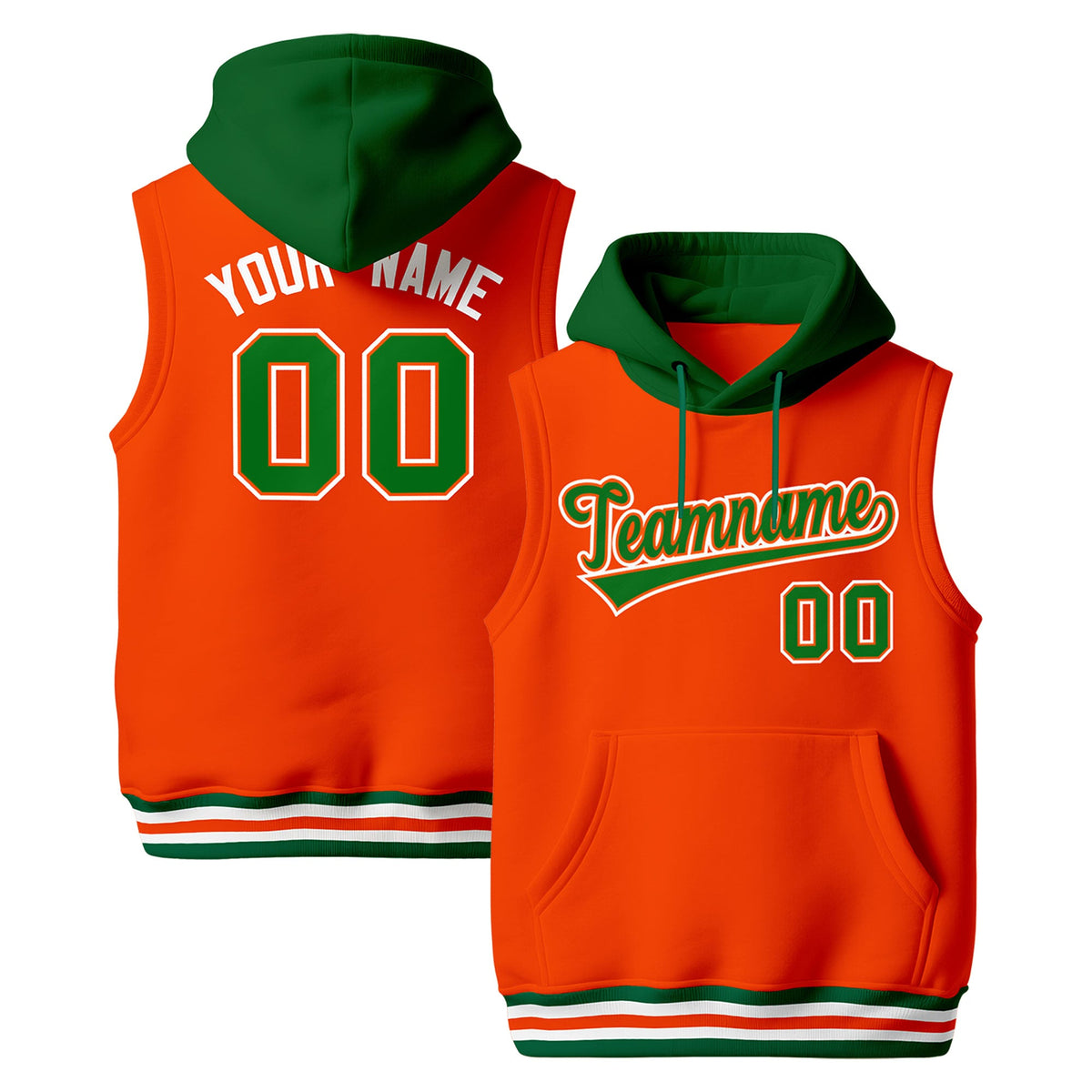 Custom Orange Kelly Green White sleeveless Classic style Hoodie| KXKSHOP