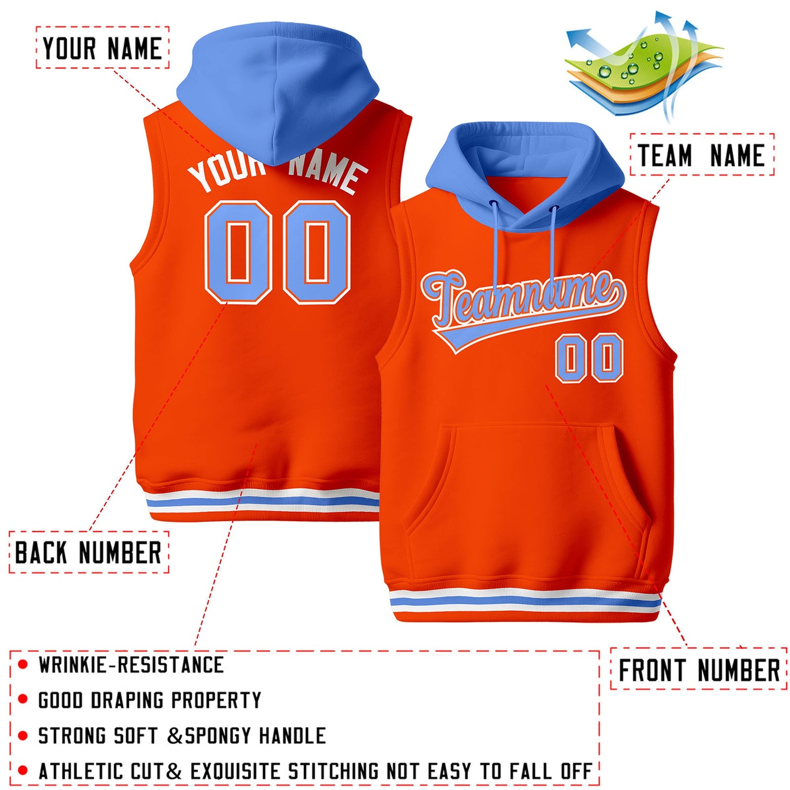Custom Orange Powder Blue White sleeveless Classic style Hoodie| KXKSHOP