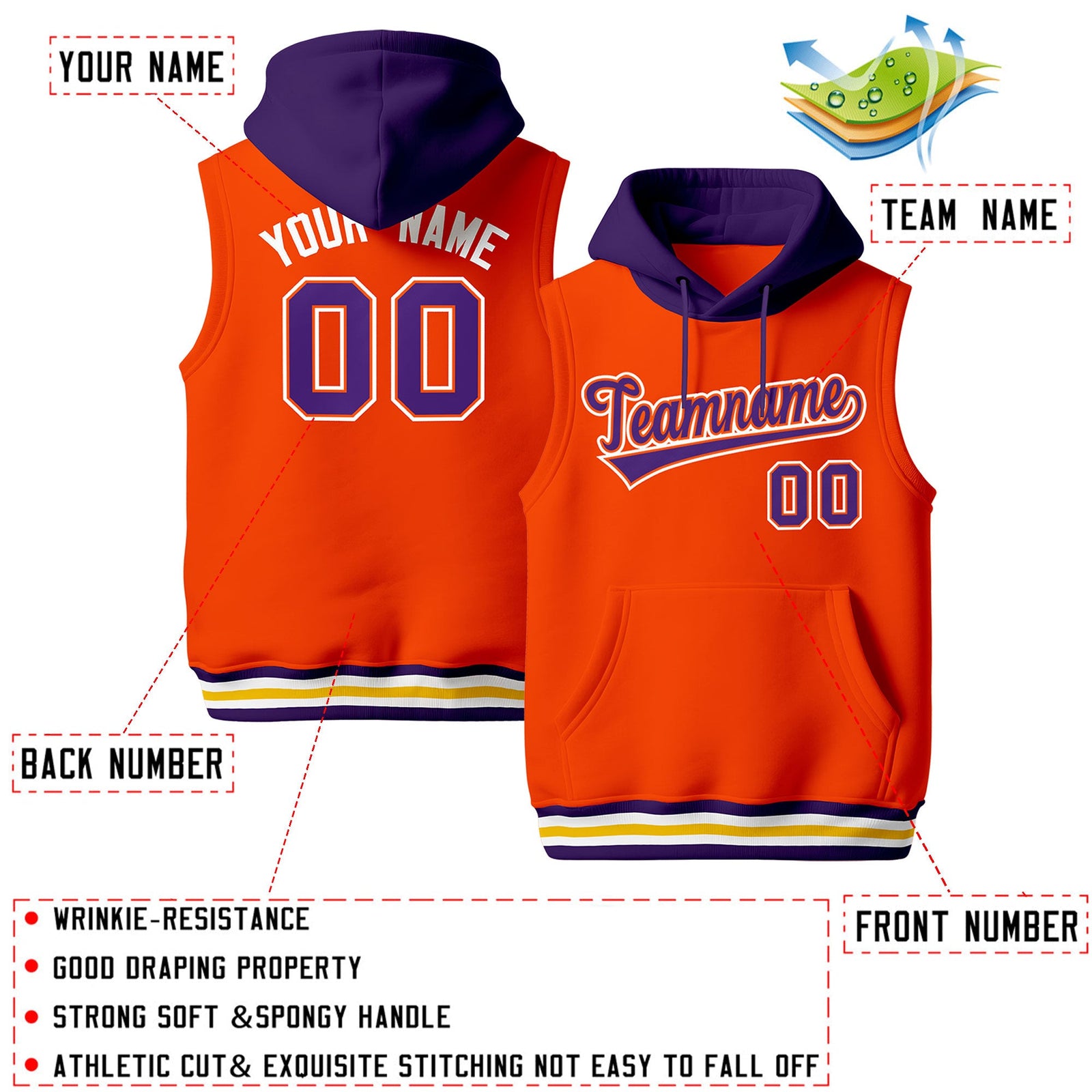 Custom Orange Purple White sleeveless Classic style Hoodie| KXKSHOP