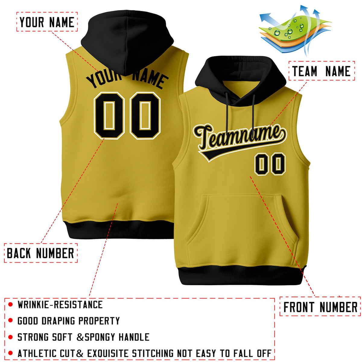Custom Old Gold Black White sleeveless Classic style Hoodie| KXKSHOP