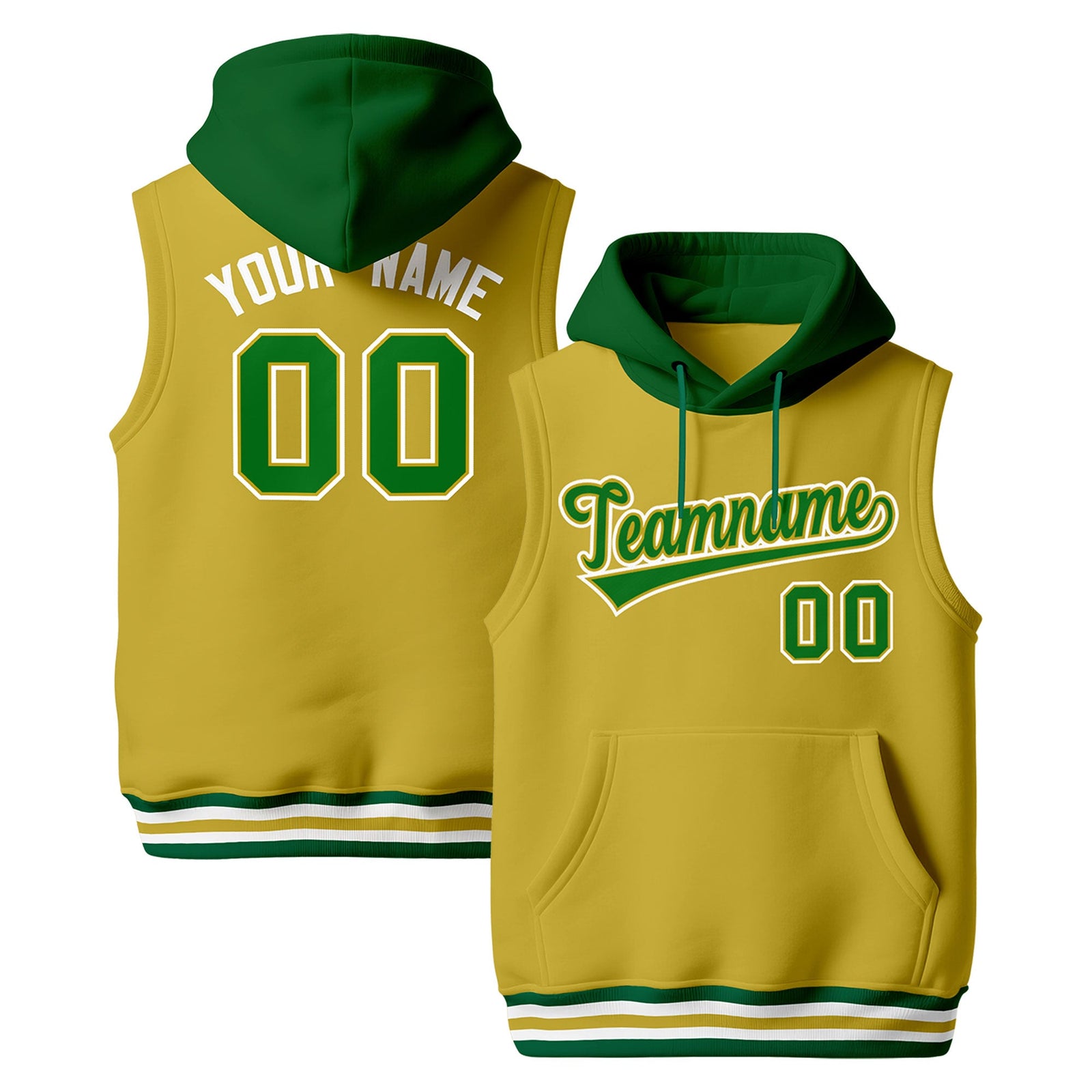 Custom Old Gold Kelly Green White sleeveless Classic style Hoodie| KXKSHOP