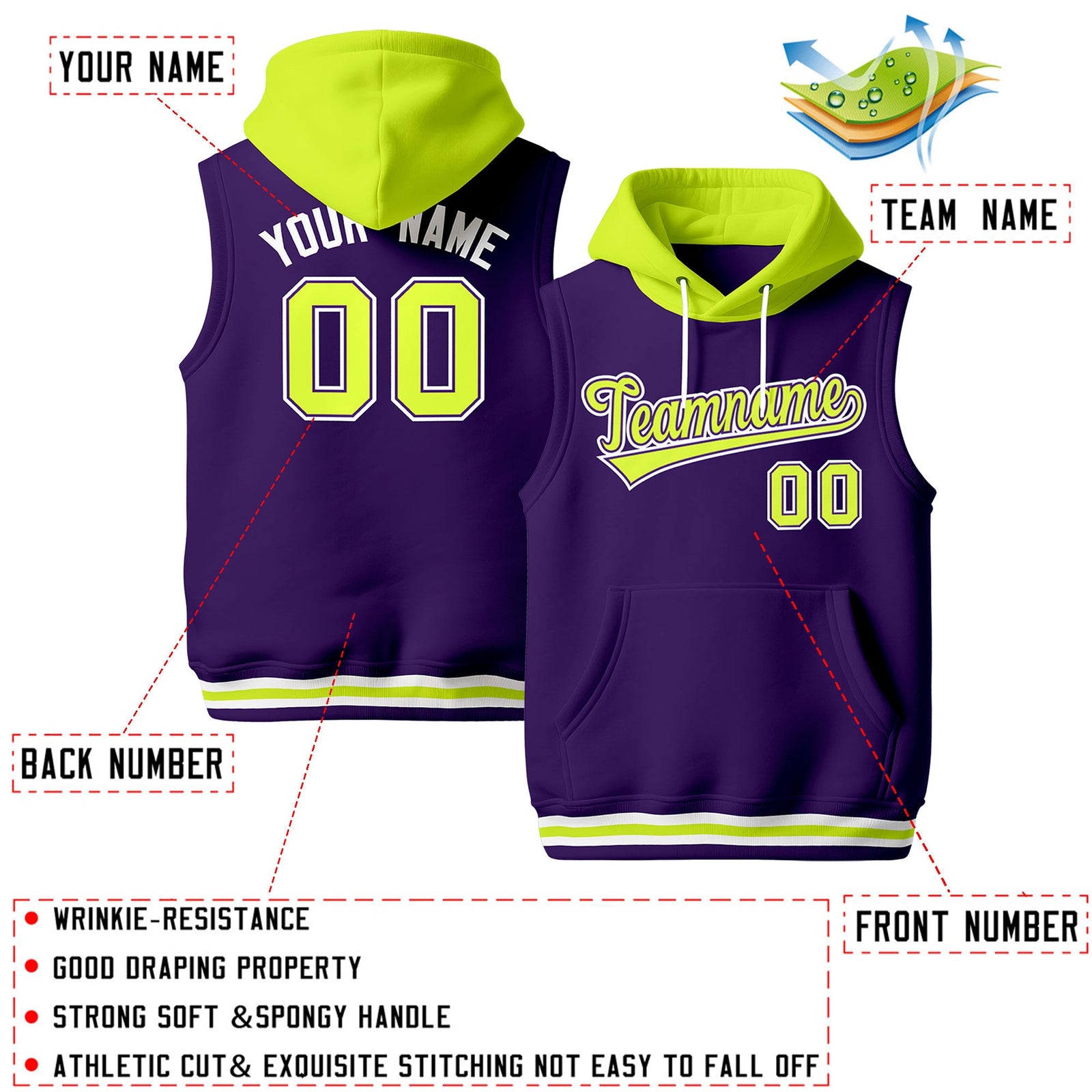 Custom Purple Fluorescent Green White sleeveless Classic style Hoodie| KXKSHOP