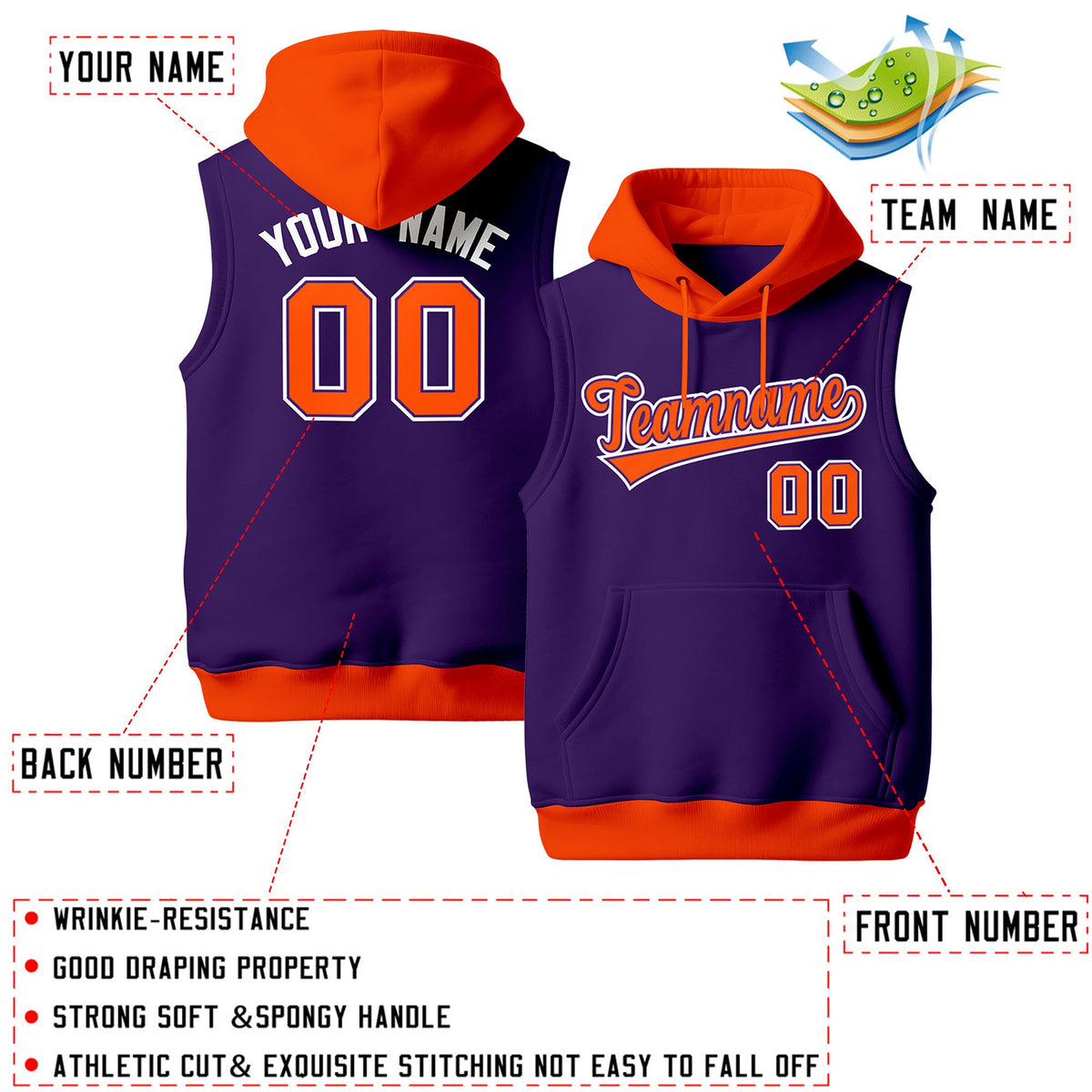 Custom Purple Orange White sleeveless Classic style Hoodie| KXKSHOP