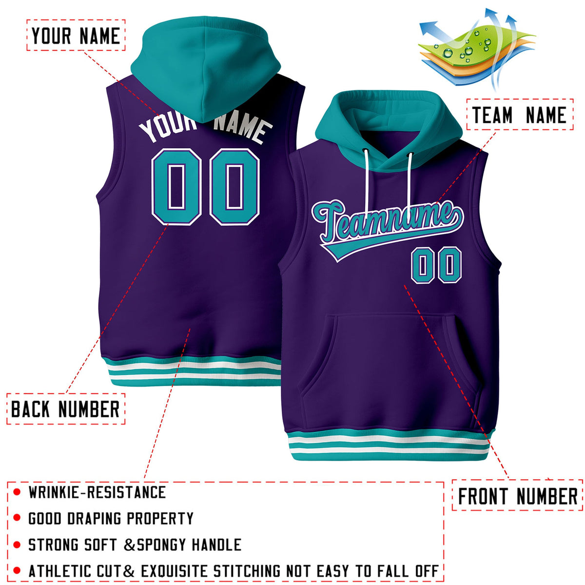 Custom Purple Aqua White sleeveless Classic style Hoodie| KXKSHOP