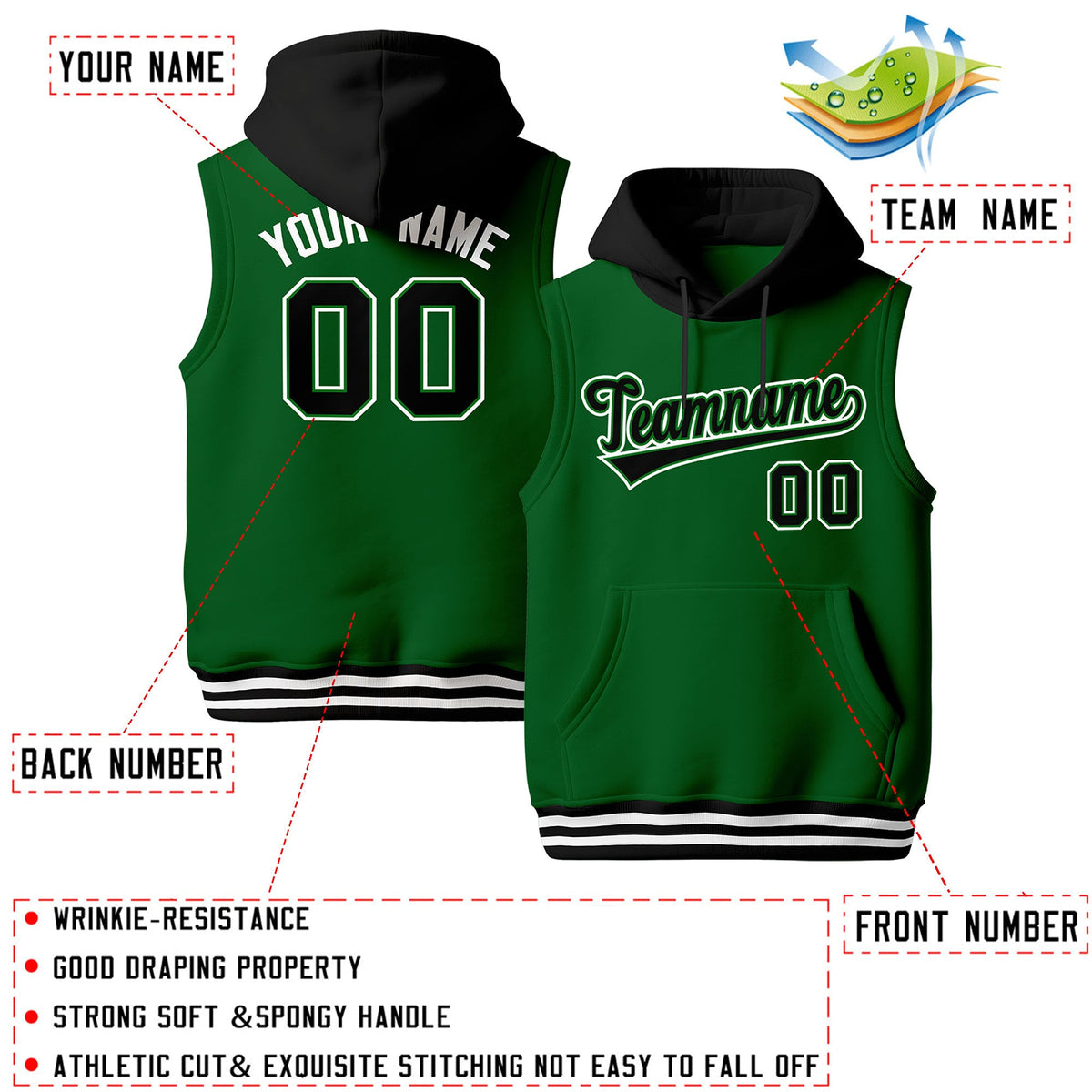 Custom Kelly Green Black White sleeveless Classic style Hoodie| KXKSHOP