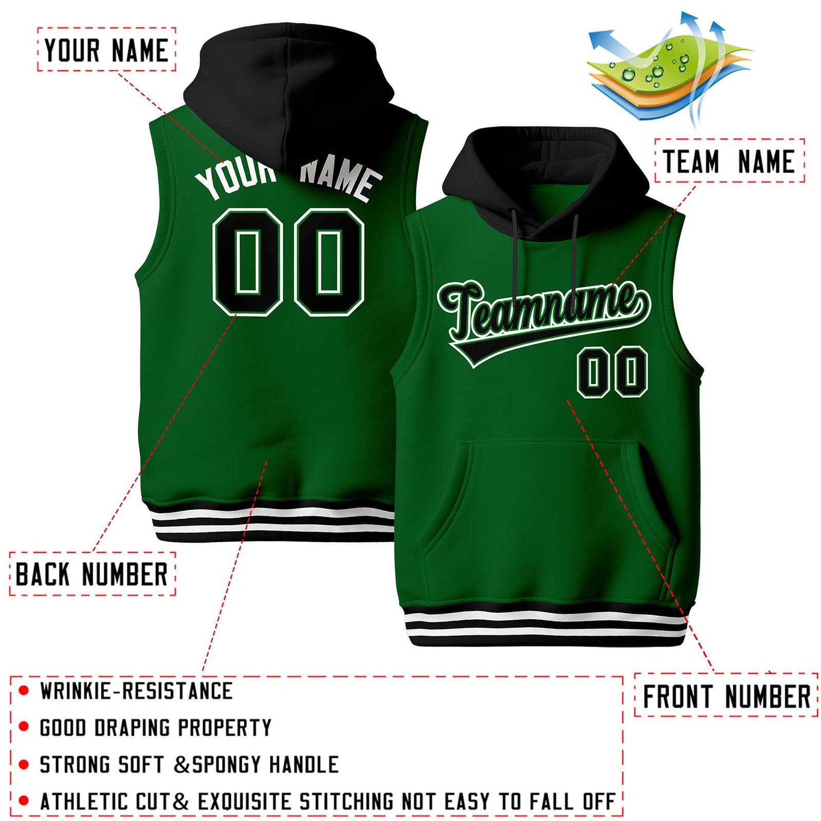 Custom Kelly Green Black White sleeveless Classic style Hoodie| KXKSHOP