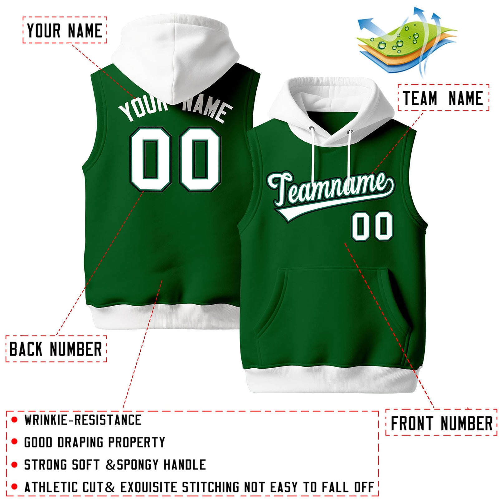 Custom Kelly Green White Black sleeveless Classic style Hoodie| KXKSHOP