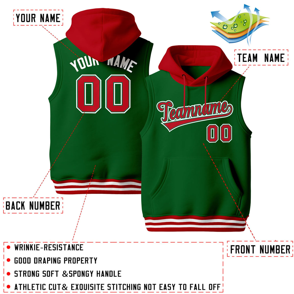 Custom Kelly Green Red White sleeveless Classic style Hoodie| KXKSHOP