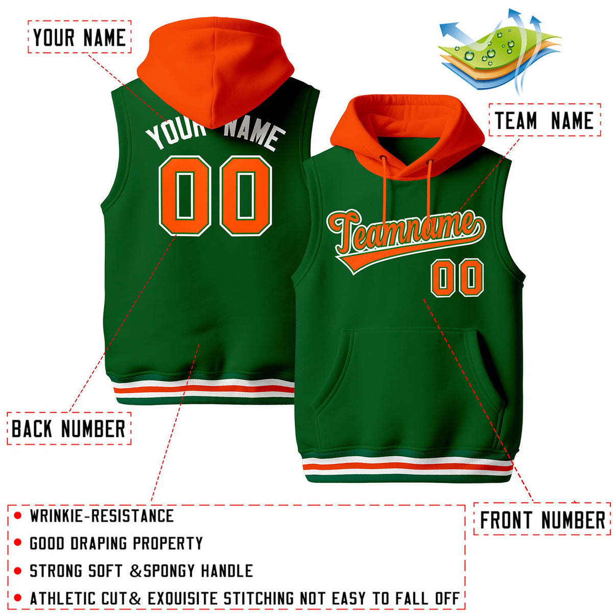 Custom Kelly Green Orange White sleeveless Classic style Hoodie| KXKSHOP
