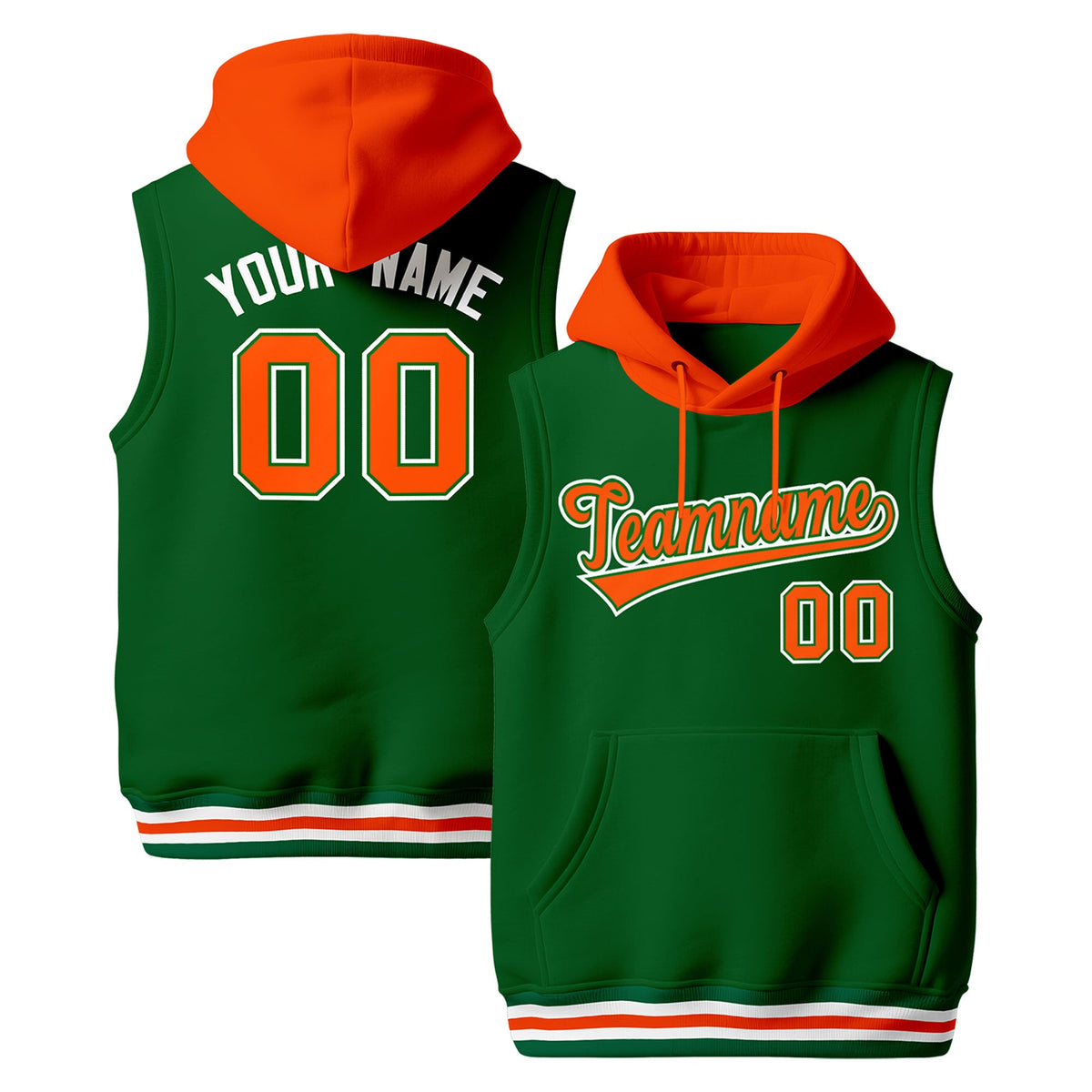 Custom Kelly Green Orange White sleeveless Classic style Hoodie| KXKSHOP