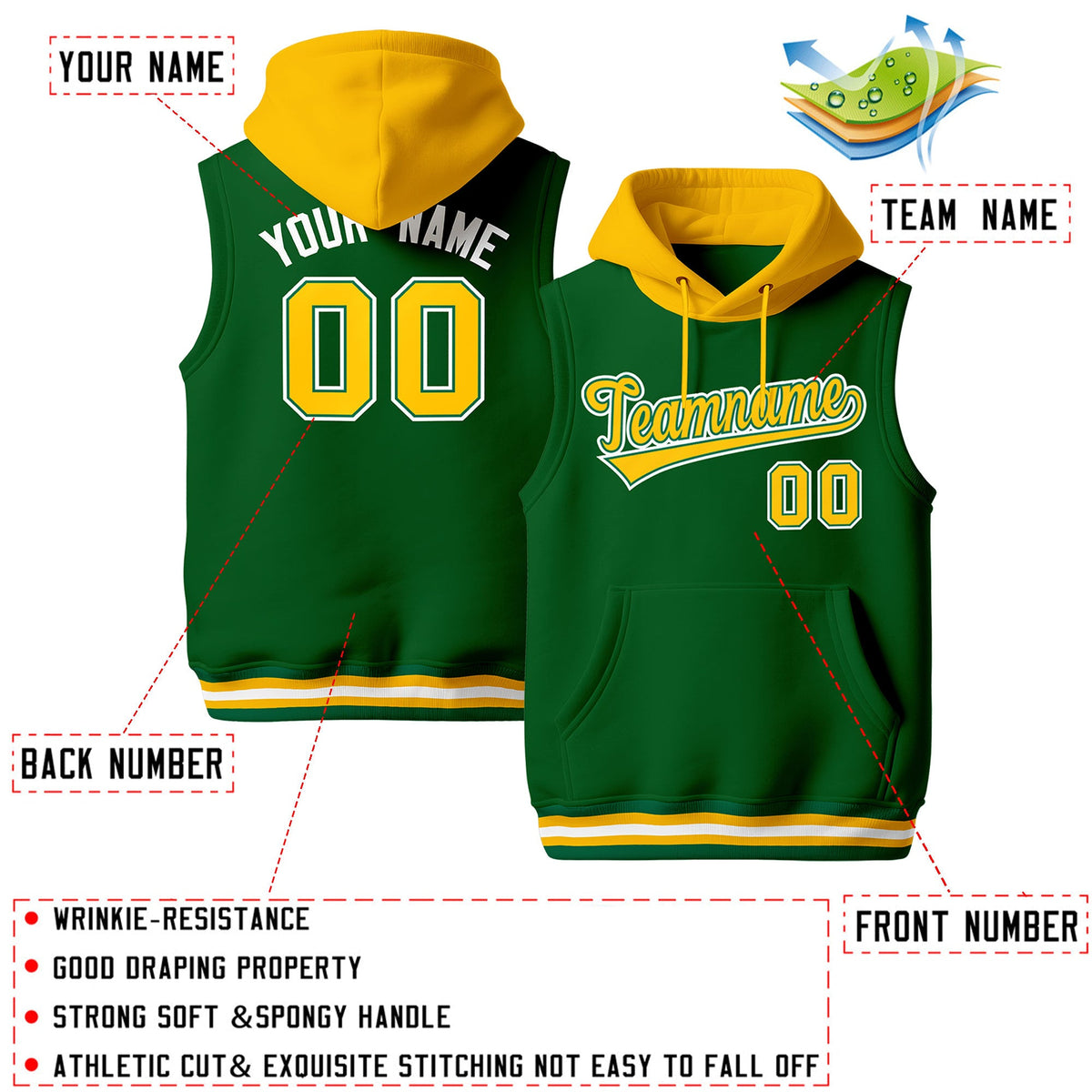 Custom Kelly Green Gold White sleeveless Classic style Hoodie| KXKSHOP