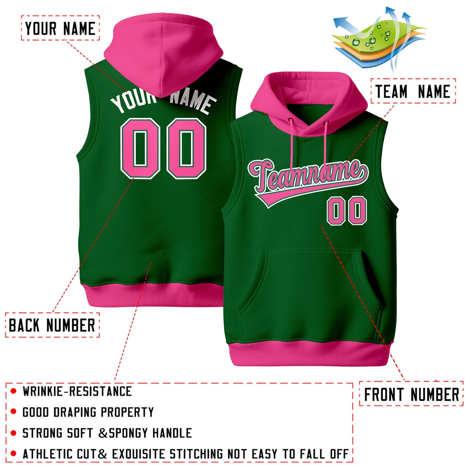Custom Kelly Green Pink White sleeveless Classic style Hoodie| KXKSHOP