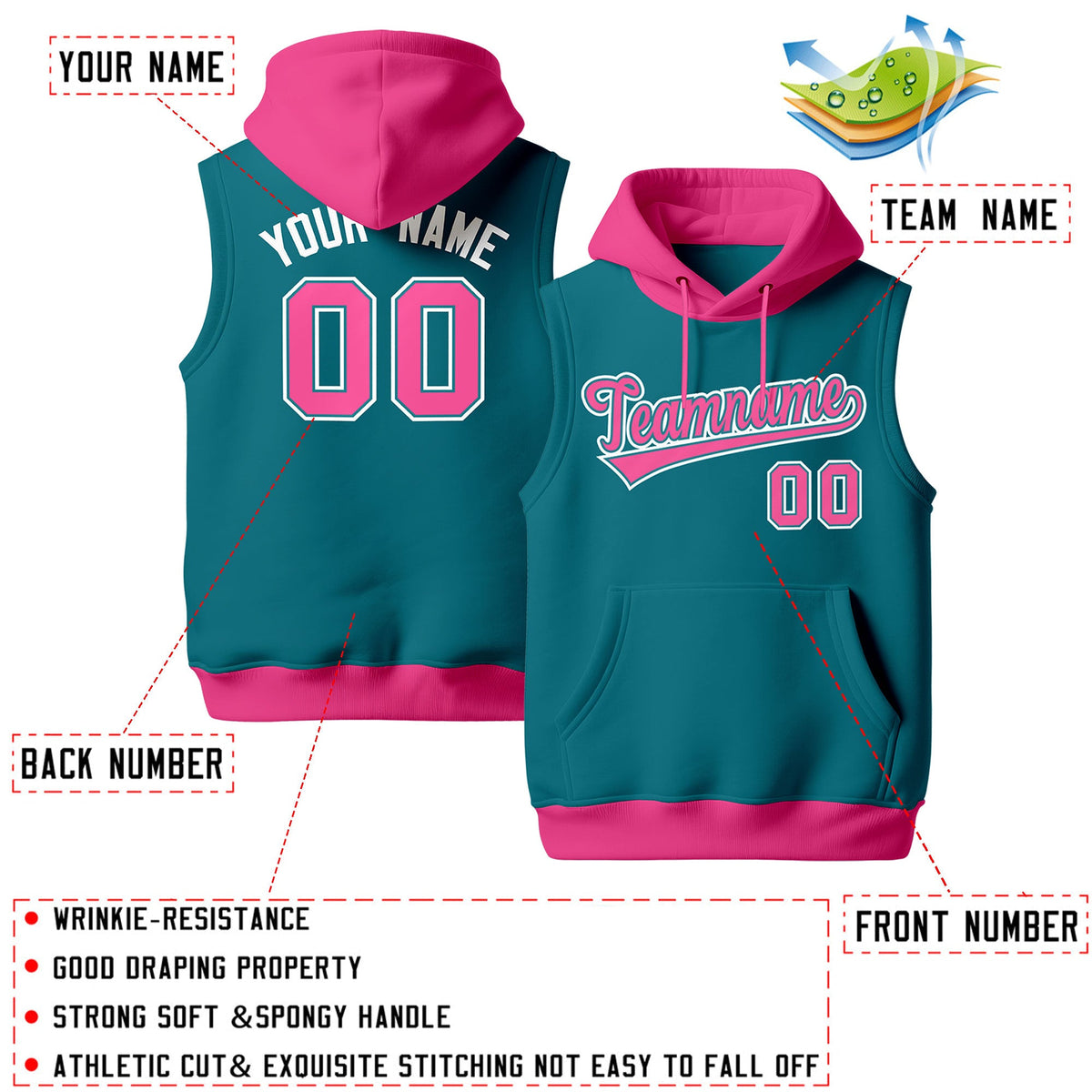 Custom Teal Pink White sleeveless Classic style Hoodie| KXKSHOP