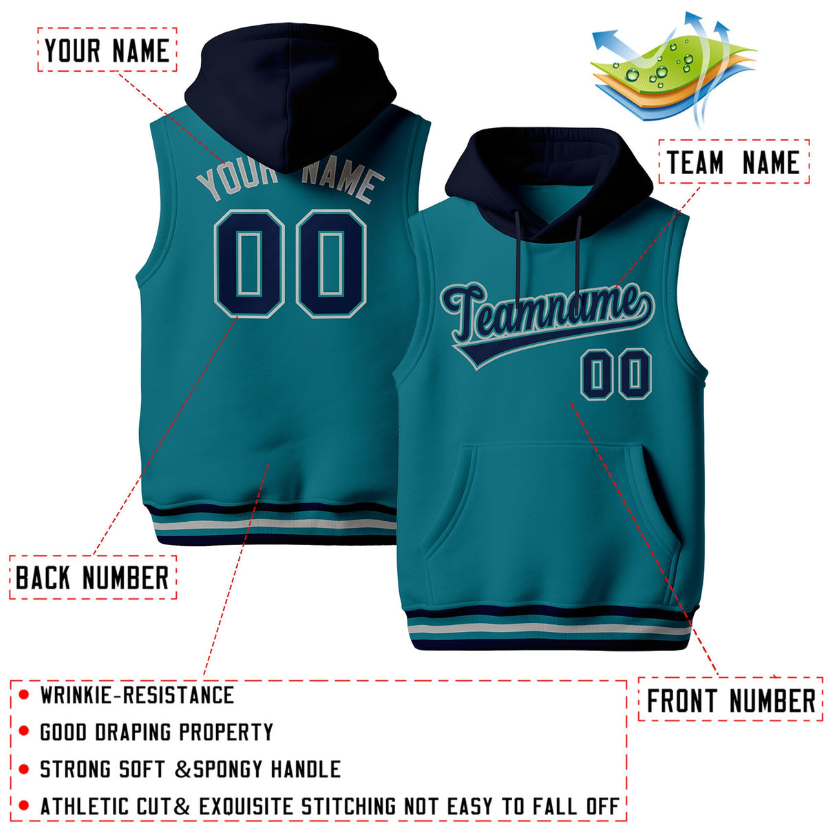 Custom Teal Navy Gray sleeveless Classic style Hoodie| KXKSHOP