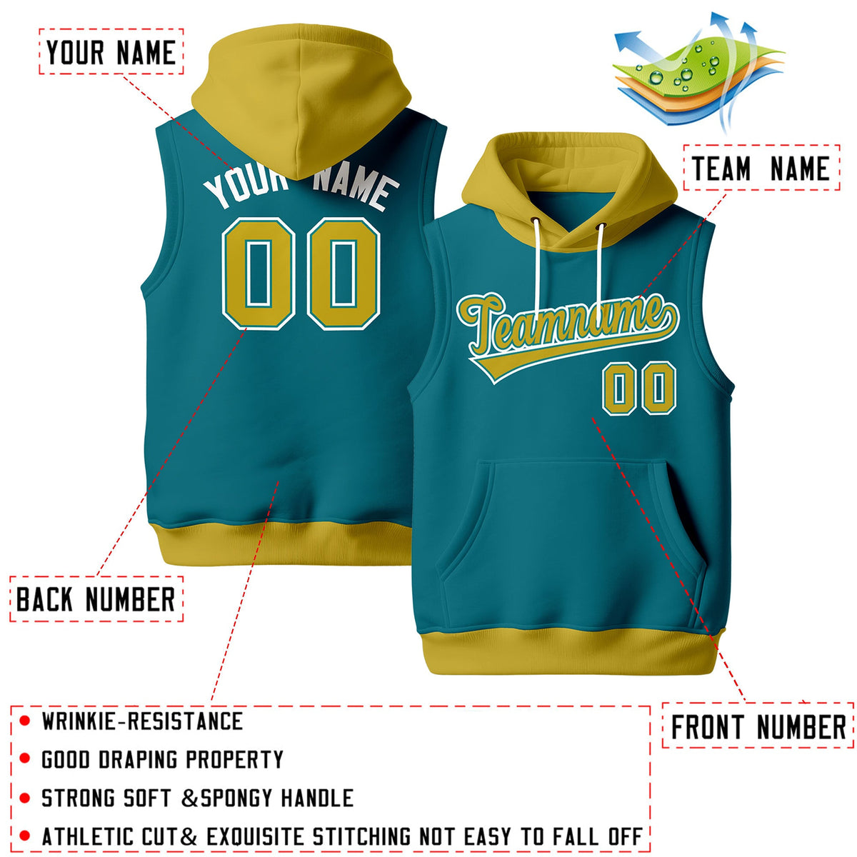 Custom Teal Old Gold White sleeveless Classic style Hoodie| KXKSHOP