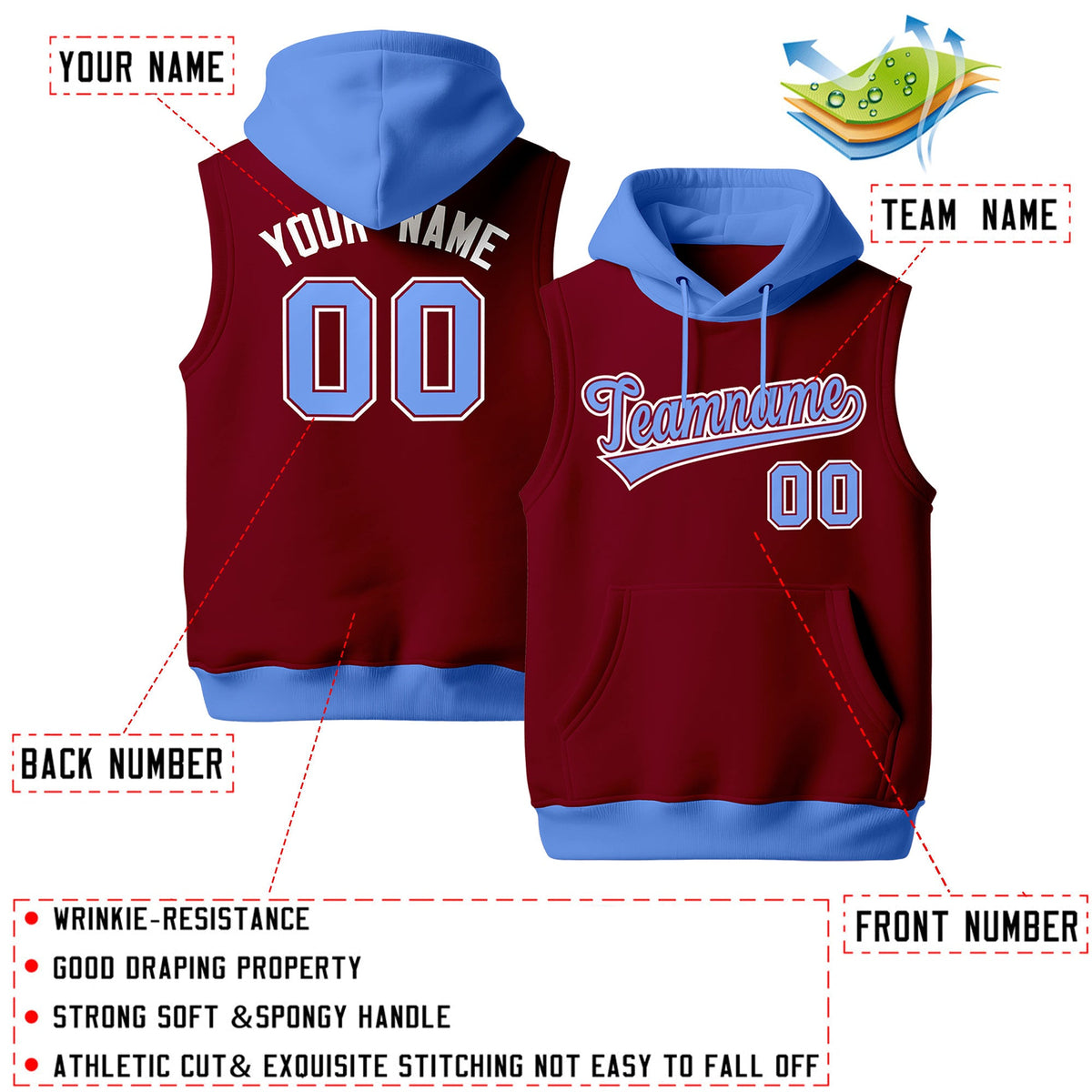 Custom Crimson Powder Blue White sleeveless Classic style Hoodie| KXKSHOP