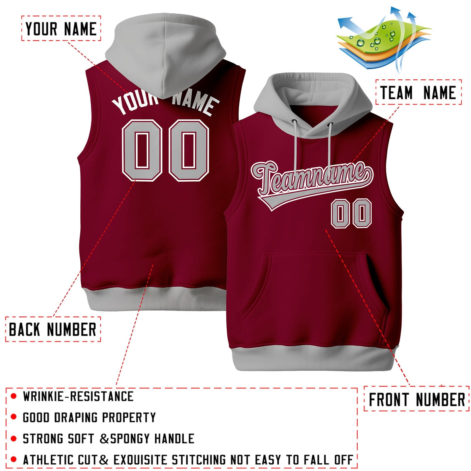 Custom Crimson Gray White sleeveless Classic style Hoodie| KXKSHOP