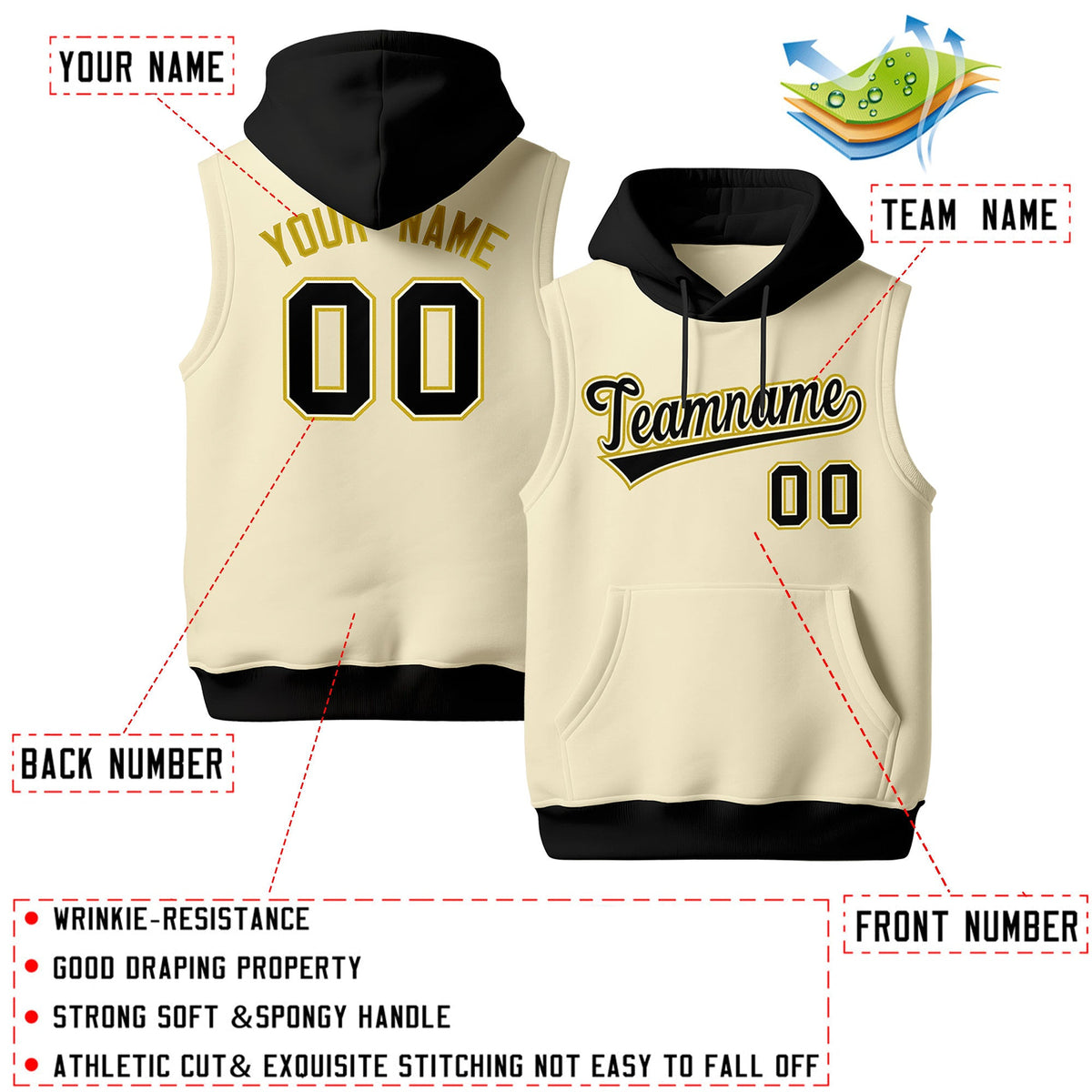 Custom Cream Black Old Gold sleeveless Classic style Hoodie| KXKSHOP