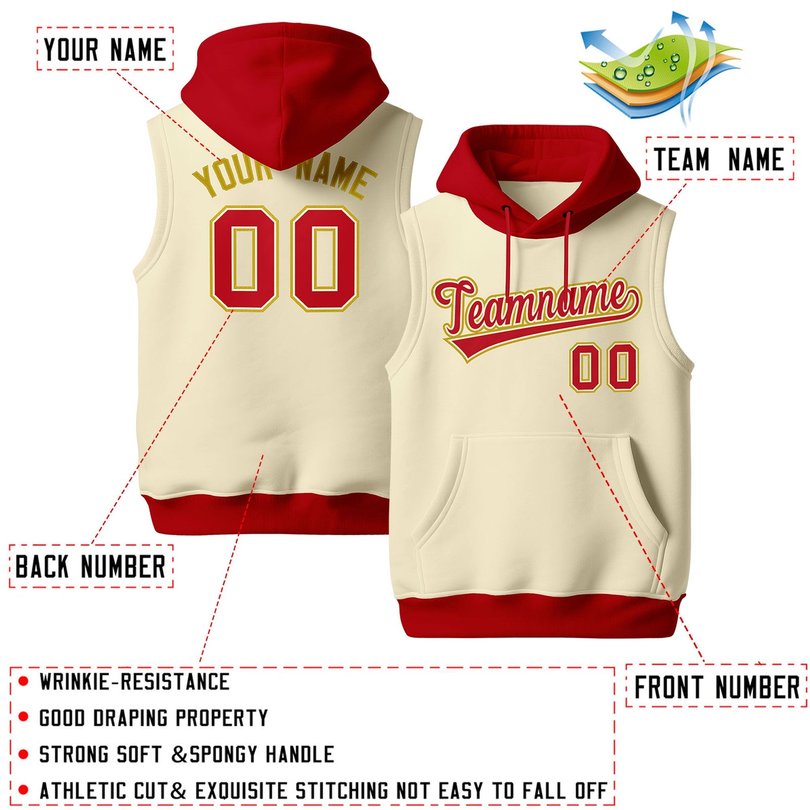 Custom Cream Red Old Gold sleeveless Classic style Hoodie| KXKSHOP