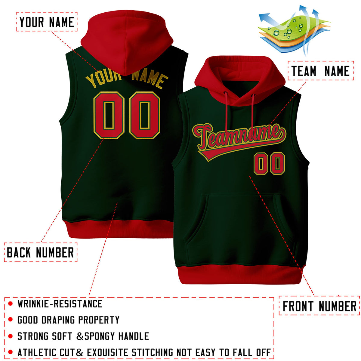 Custom Green Red Old Gold sleeveless Classic style Hoodie| KXKSHOP