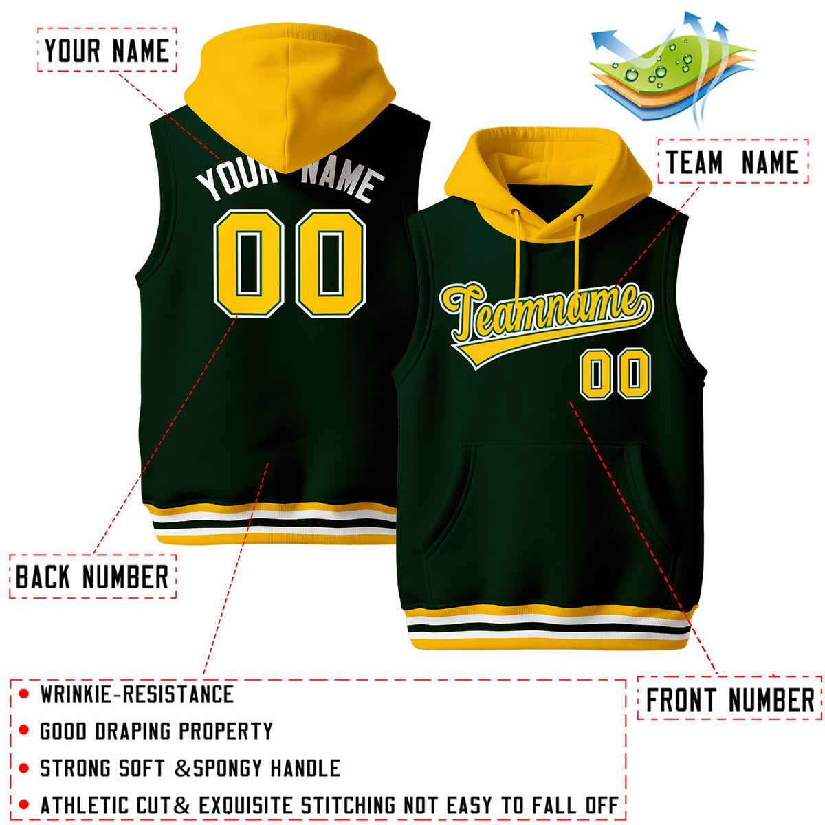 Custom Green Gold White sleeveless Classic style Hoodie| KXKSHOP