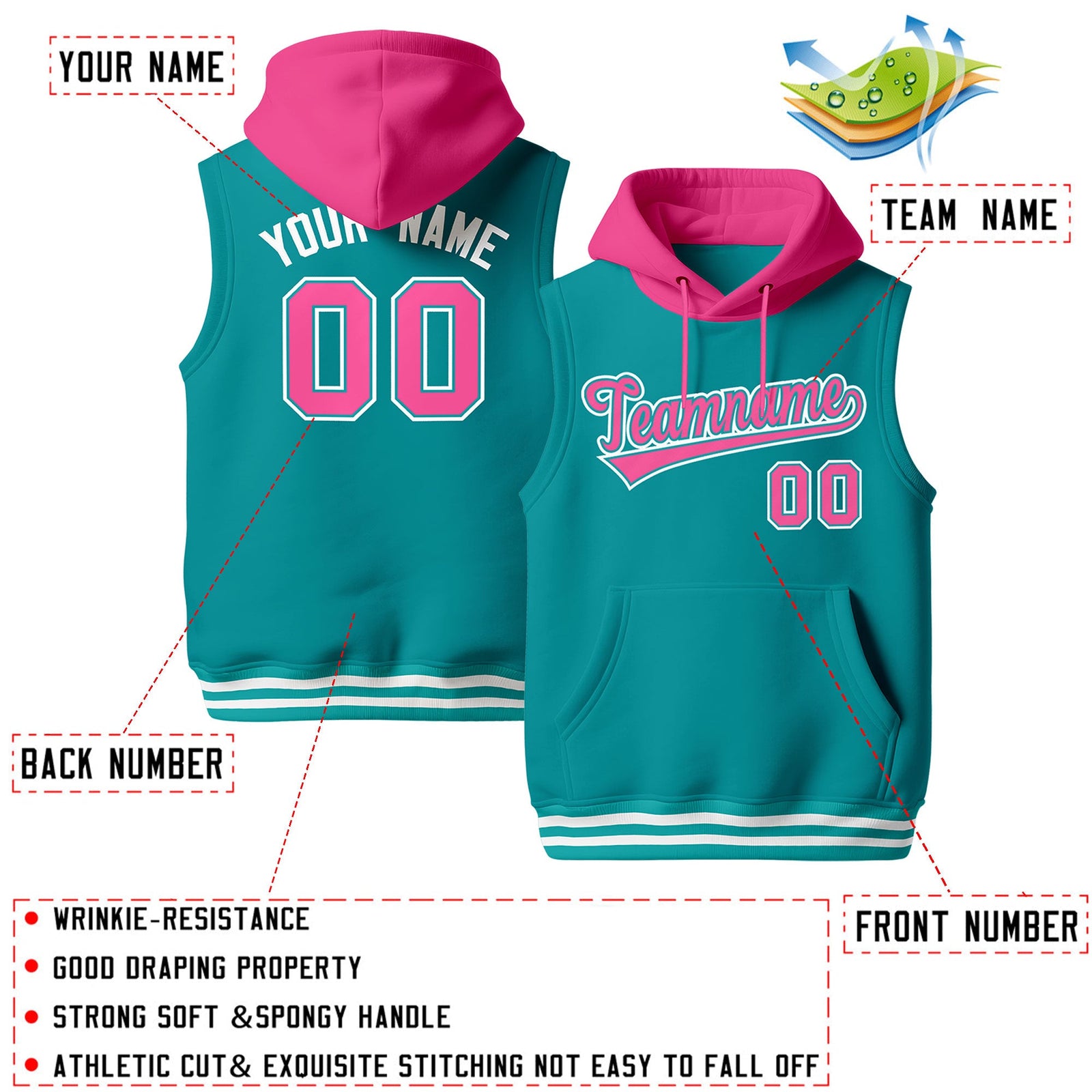 Custom Aqua Pink White sleeveless Classic style Hoodie| KXKSHOP