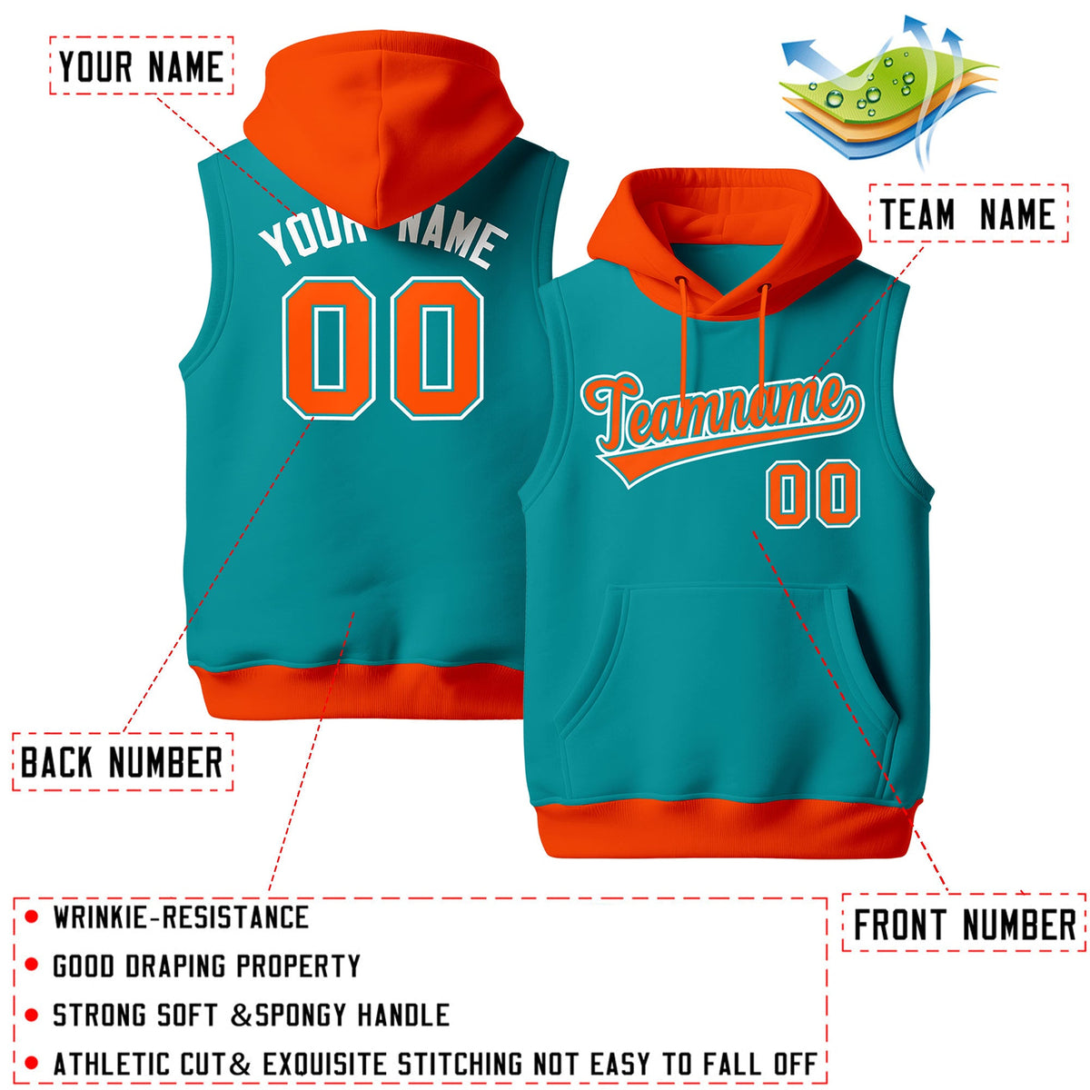 Custom Aqua Orange White sleeveless Classic style Hoodie| KXKSHOP