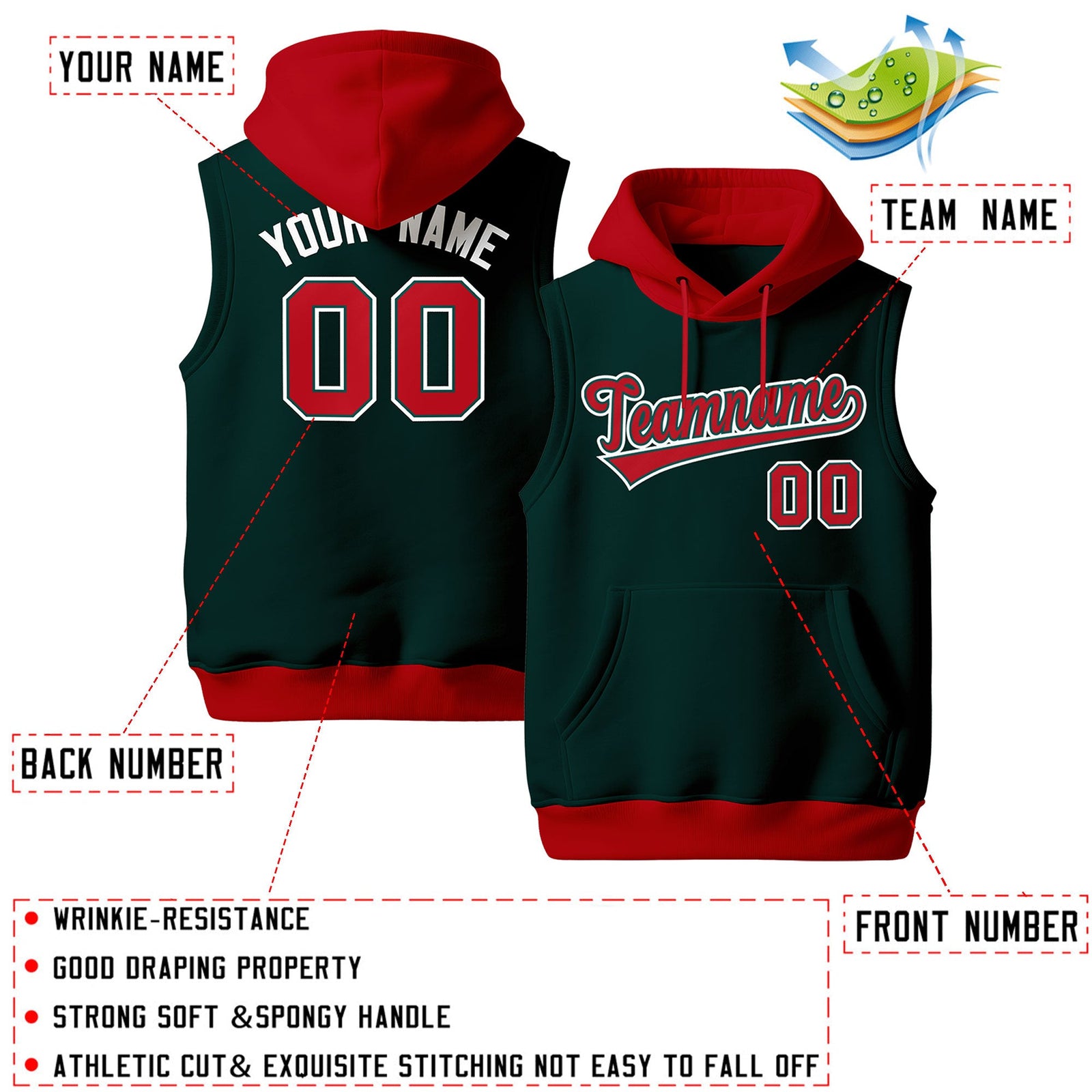 Custom Midnight Green Red White sleeveless Classic style Hoodie| KXKSHOP