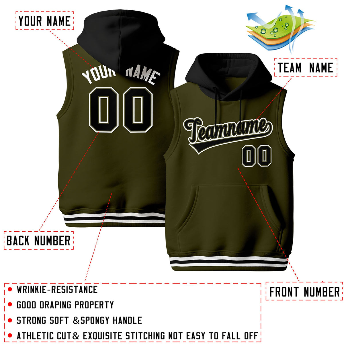 Custom Olive Black White sleeveless Classic style Hoodie| KXKSHOP