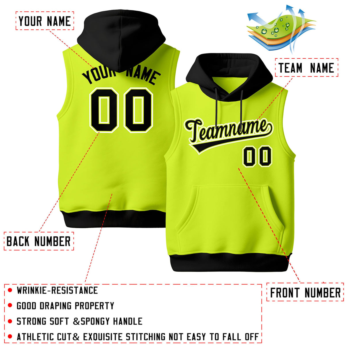 Custom Fluorescent Green Black White sleeveless Classic style Hoodie| KXKSHOP