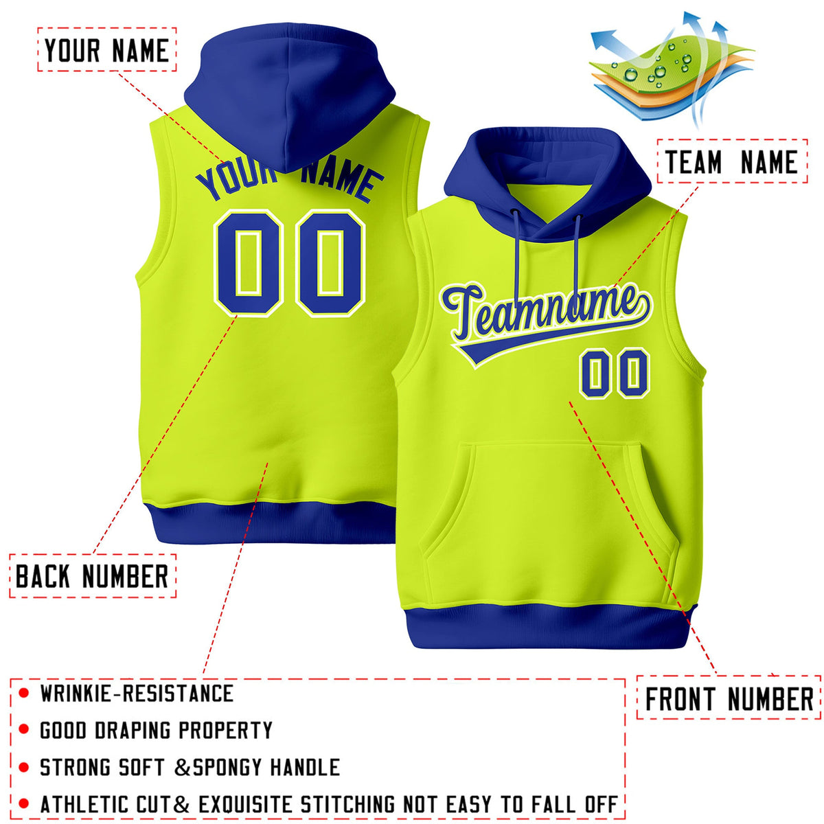Custom Fluorescent Green Royal Blue White sleeveless Classic style Hoodie| KXKSHOP