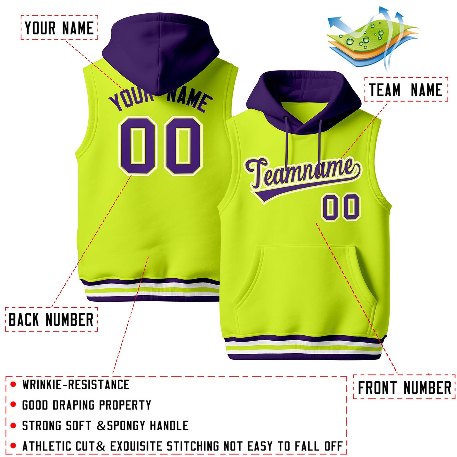 Custom Fluorescent Green Purple White sleeveless Classic style Hoodie| KXKSHOP