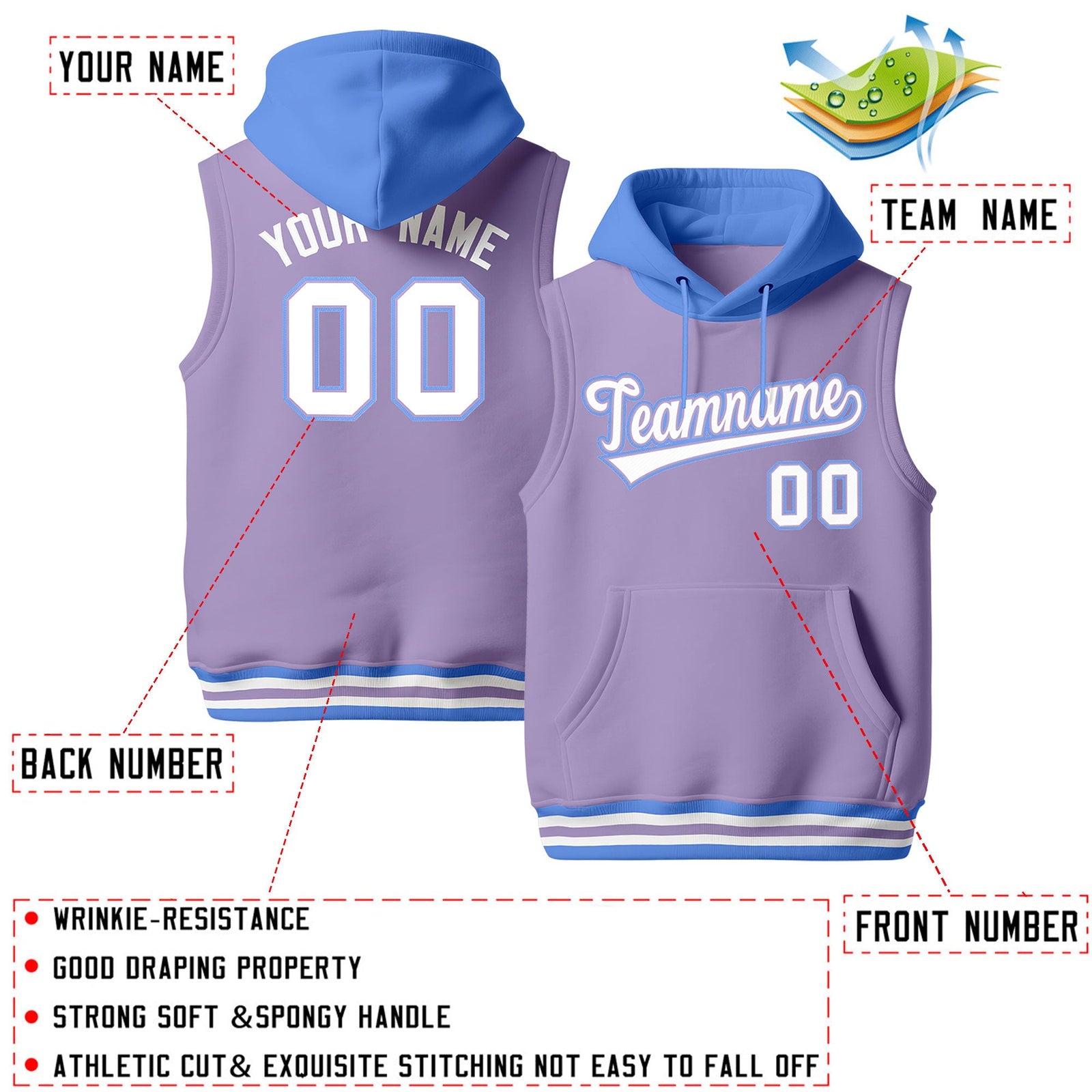Custom Light Purple Powder Blue White sleeveless Classic style Hoodie| KXKSHOP