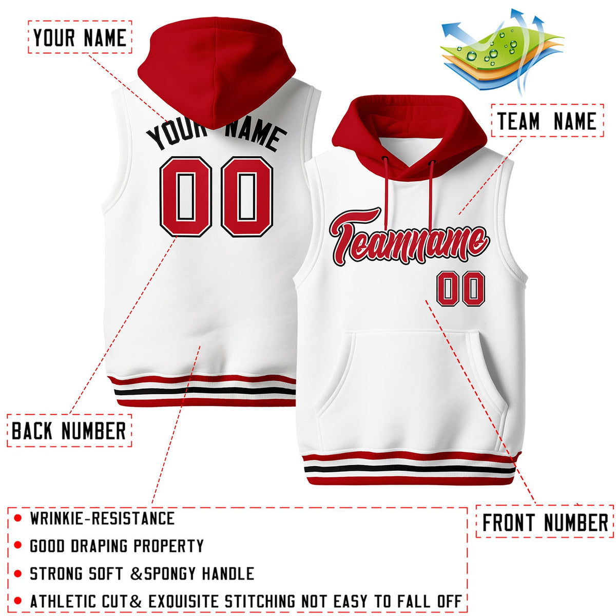 Custom White Red Black sleeveless Classic style Hoodie| KXKSHOP