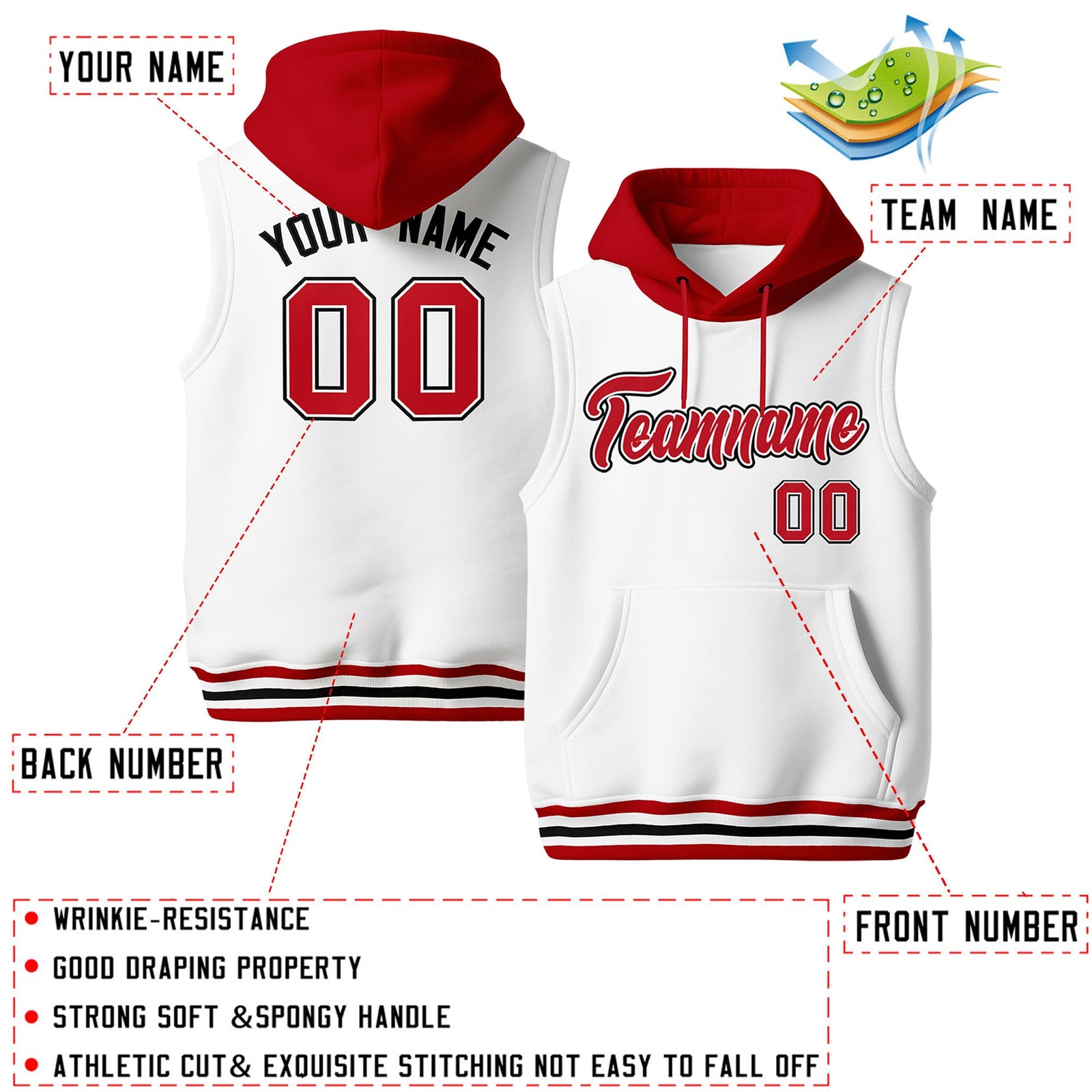 Custom White Red Black sleeveless Classic style Hoodie| KXKSHOP