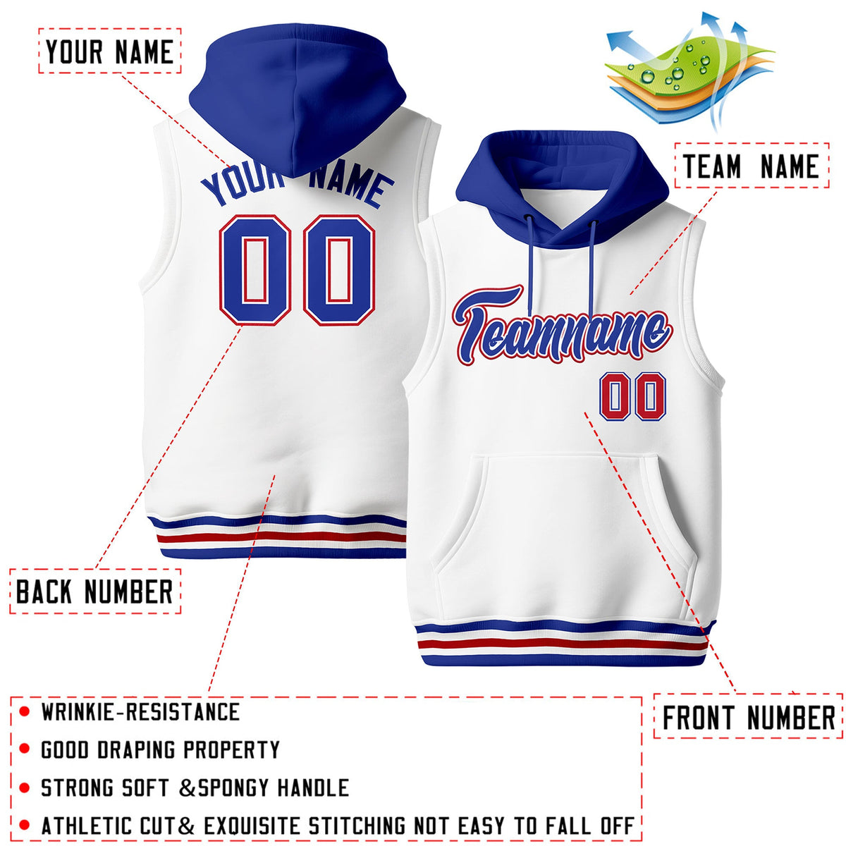 Custom White Royal Blue Red sleeveless Classic style Hoodie| KXKSHOP